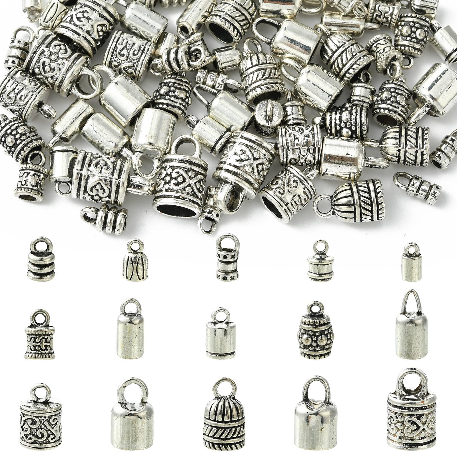 UR URLIFEHALL 90 Pcs Random Tibetan Style Cord End Caps Antique Silver Column Dangle Charms for DIY Jewellery Making Bracelet Necklace