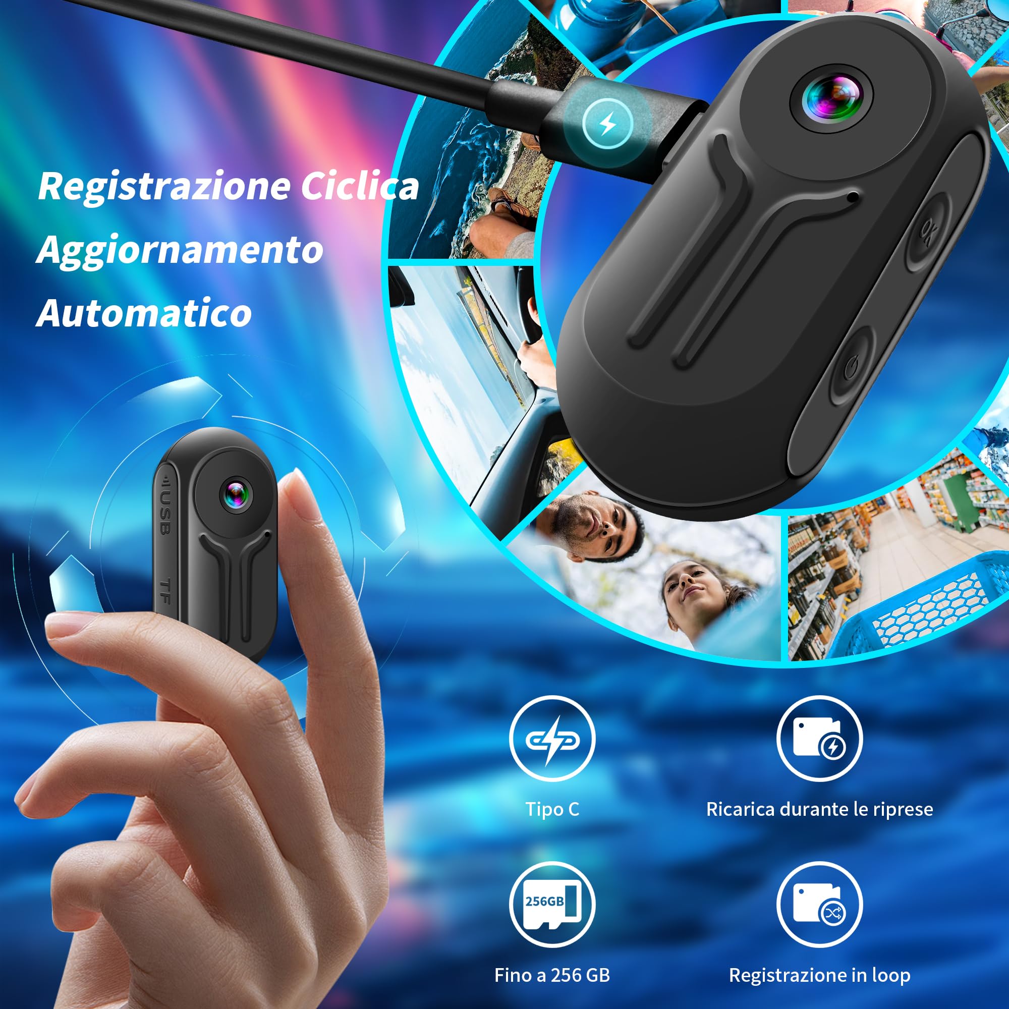 1080P Mini Action Cam, Body Camera, Pov Camera con Schermo LCD, Videocamera Portatile con Scheda da 64GB, Telecamera Sportiva, Mini Fotocamera per Ciclismo, Vlogging e Viaggi