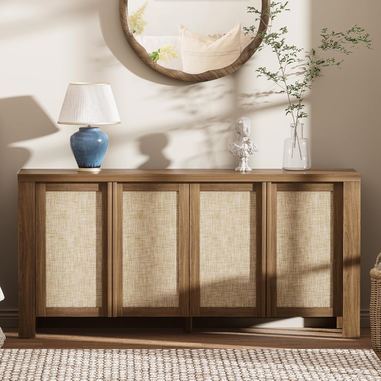 Brafab Rattan Sideboard Buffet Cabinet with Storage, 63" Large 4-Door Credenza Coffee Bar Cabinet with Adjustable Shelves, Wood Accent Cabinets for Kitchen, Living Room, Hallway, Natural Walnut