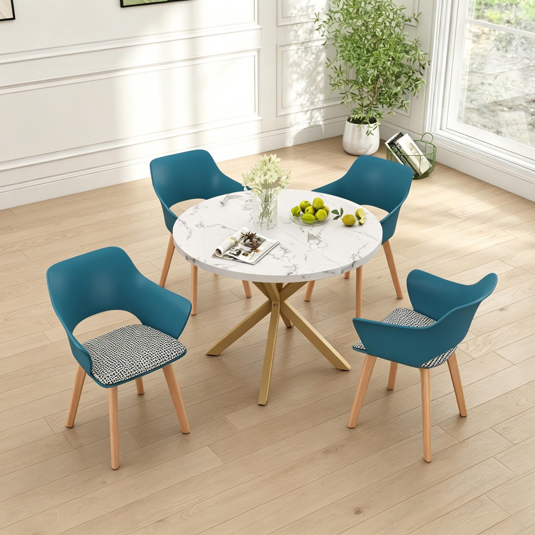 Mesa de comedor de 100 x 100 cm redonda con 4 sillas tapizadas de madera para salon
