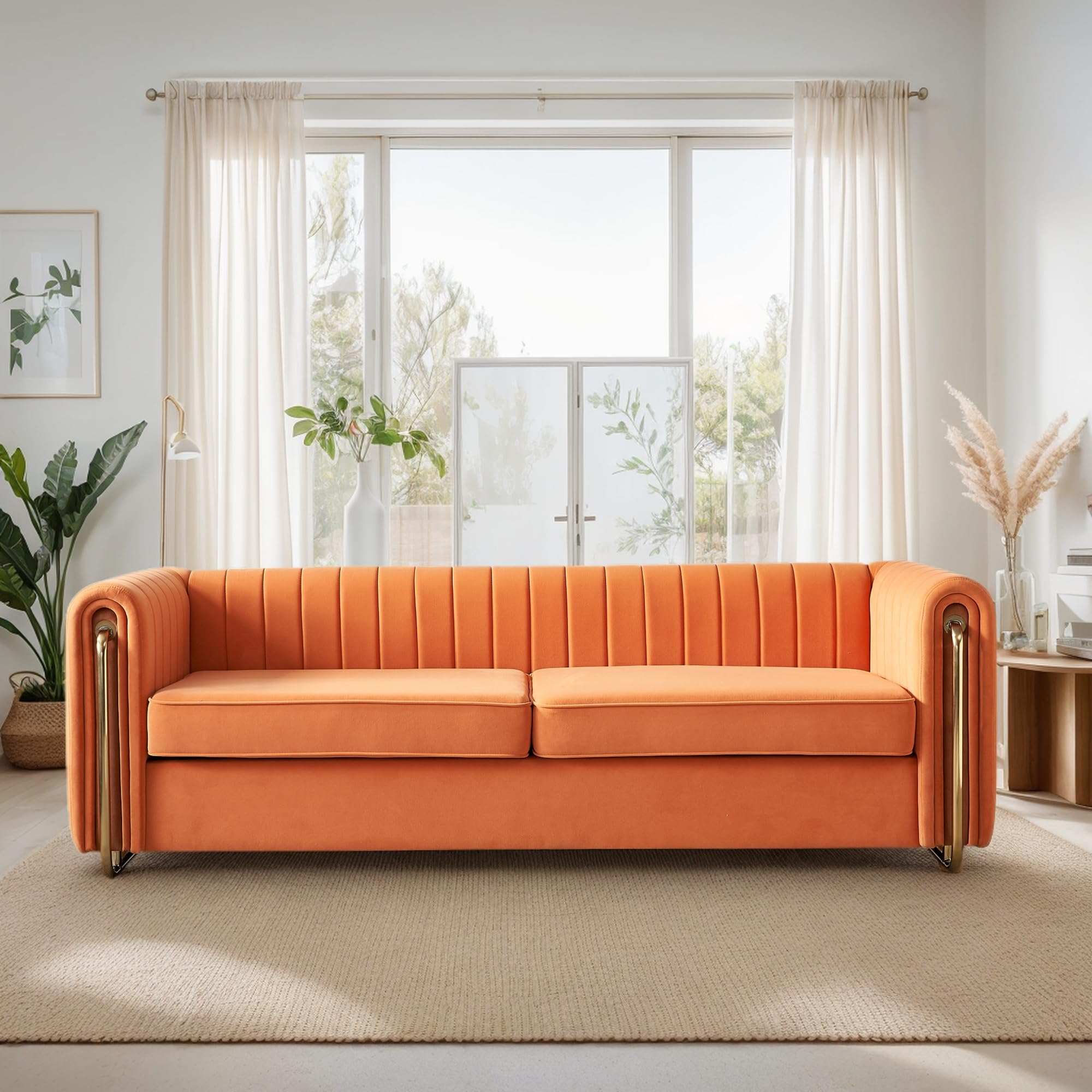 KEIKI 84" Velvet Deep Channel Tufted Sofa with Back Cushions and Rolled Arms, Modern Style 3-Seater Couch with Golden Polished Steel Legs, Easy Assembly, for Living Room, Bedroom, Office, Orange