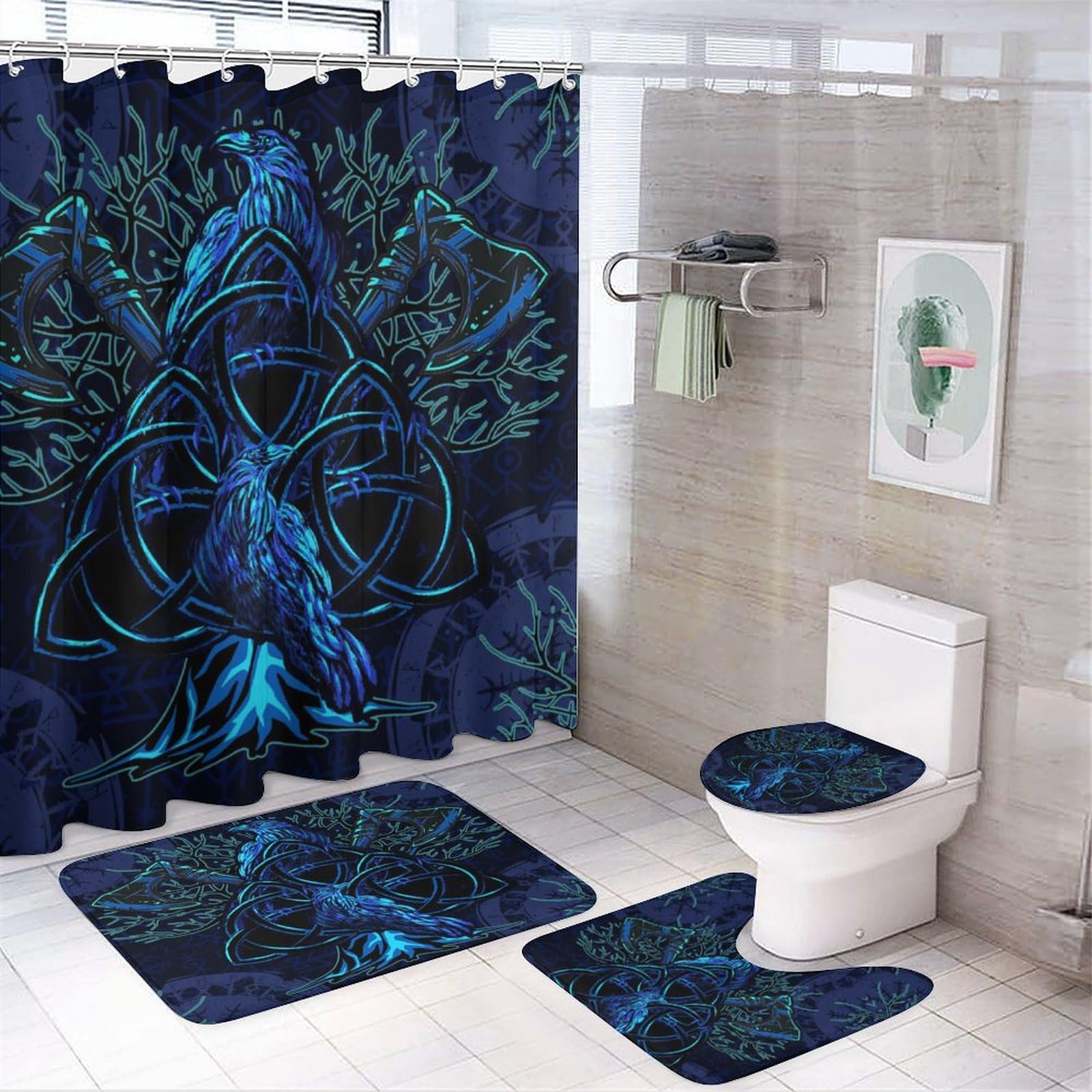 COALHO Psychedelic Abstract Viking 4 Pcs Waterproof Shower Curtain Set Colorful Trees Mystery Symbols Nordic Art Crow With Waterproof Toilet Cover Shower Mat Rugs,183x183CM