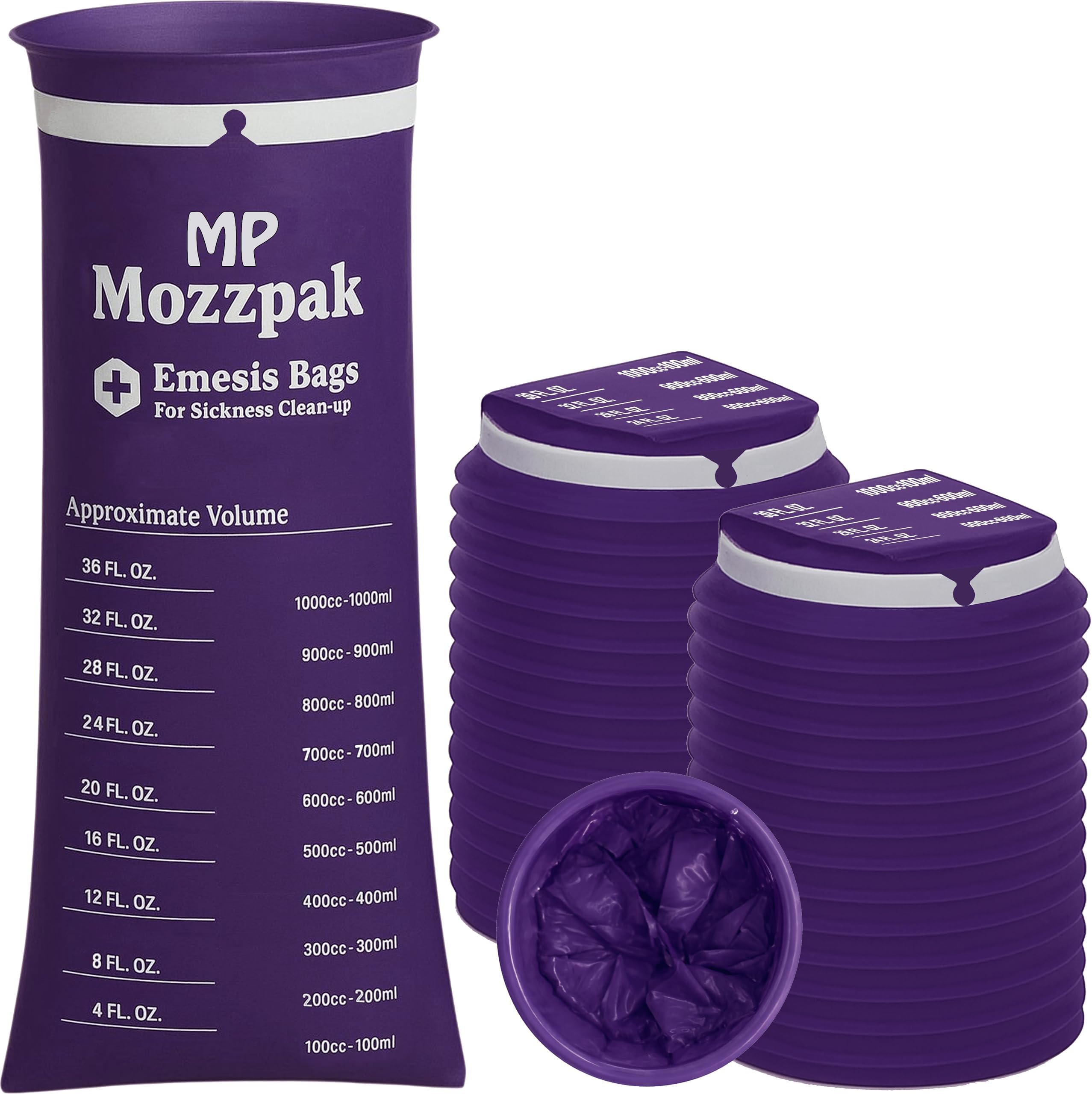 MP MOZZPAK Vomit Bags Disposable – 50 Pack – 1000ml Barf Bags – Leak Resistant, Medical Grade, Portable Emesis Bags, Puke, Throw Up, Nausea Bags for Travel Motion Sickness, Car & Aircraft, Kids, Taxi