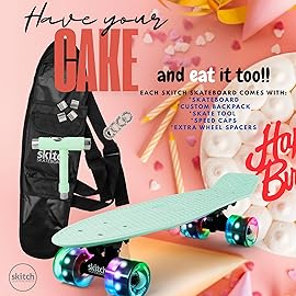 SKITCH Complete Skateboard for Kids 8-10 Year Old Beginner Boys Children Youth Teens Gift Set 22 Inch Penny Board Mini Cruiser ABEC 9 Bearings Black Skateboards Backpack Skate Tool (Mint Green LED+)