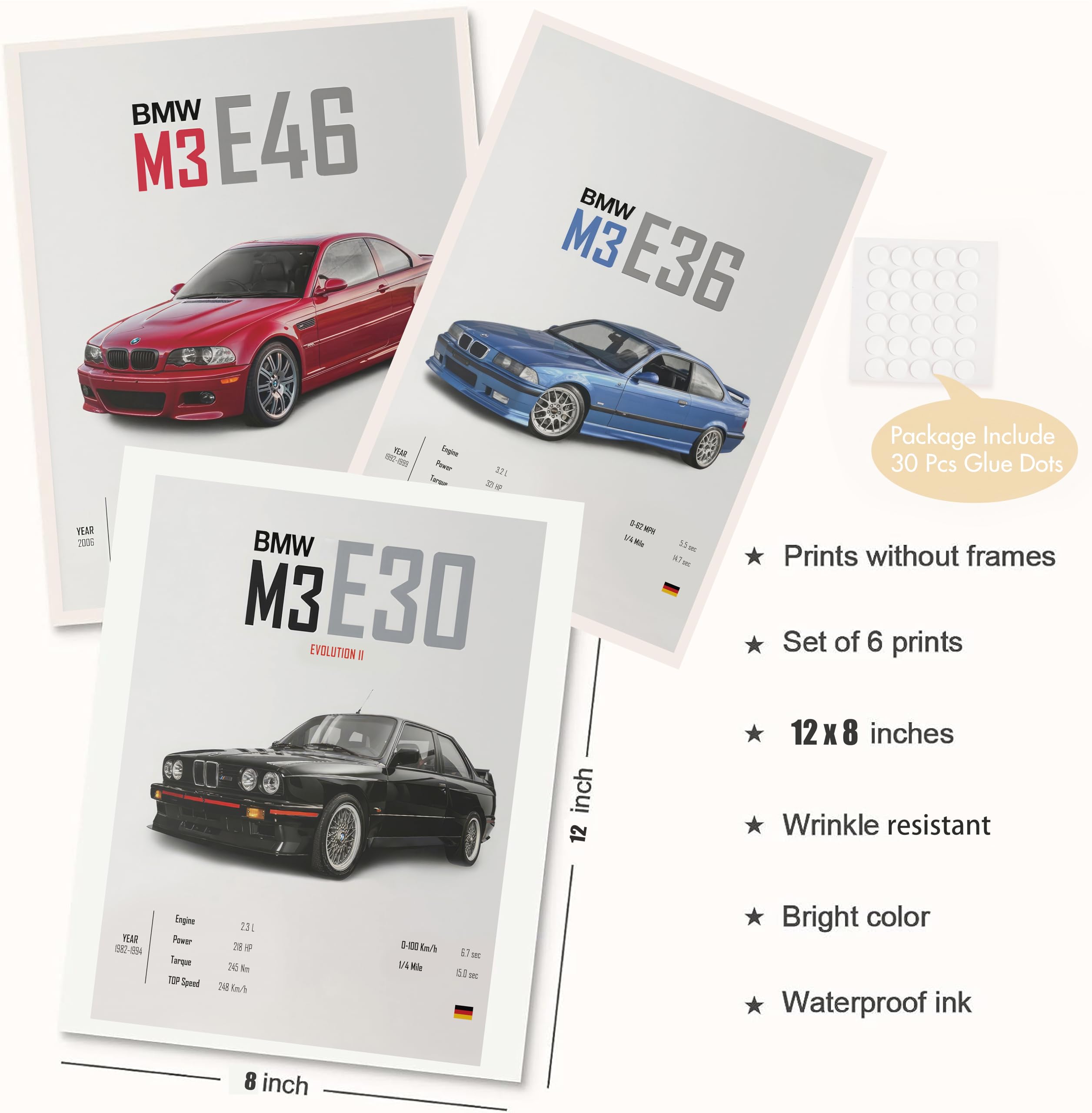 XUPUE BMW M3 Collection Posters 6PCS BMW E30 E36 E46 E90 G81