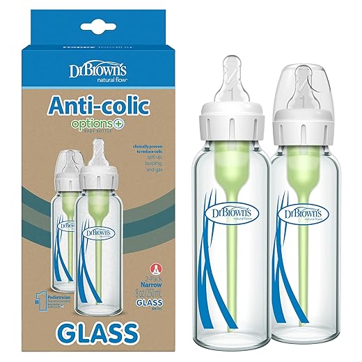 Dr. Brown's Natural Flow Options+ Narrow Glass Baby Bottles, 8oz, 2-Pack