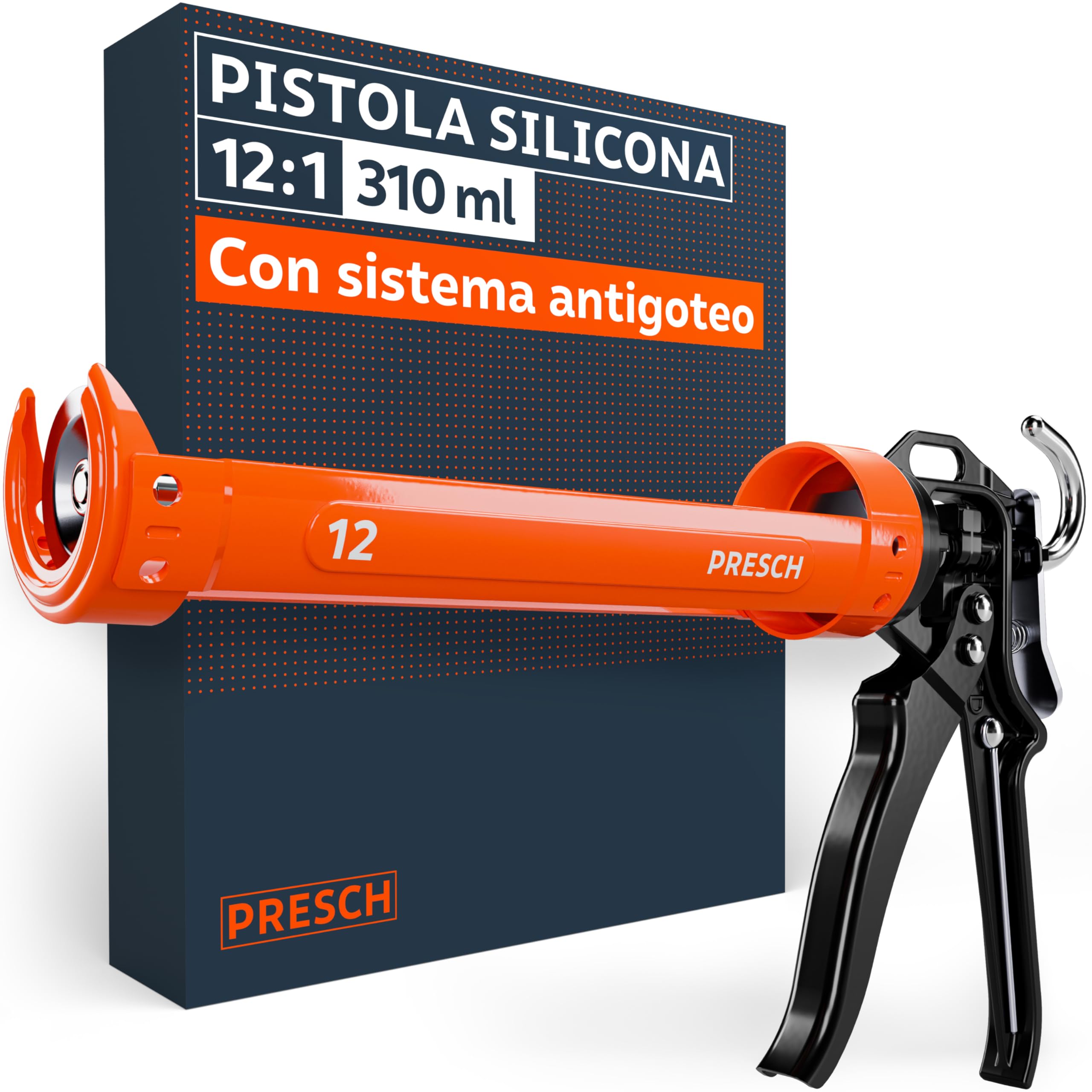 Presch Pistola Silicona 12:1 Relación de empuje & antigoteo – Para cartuchos de hasta 310 ml (baja viscosidad, acrílico y silicona) – Giratorio 360° incl. aguja de perforación