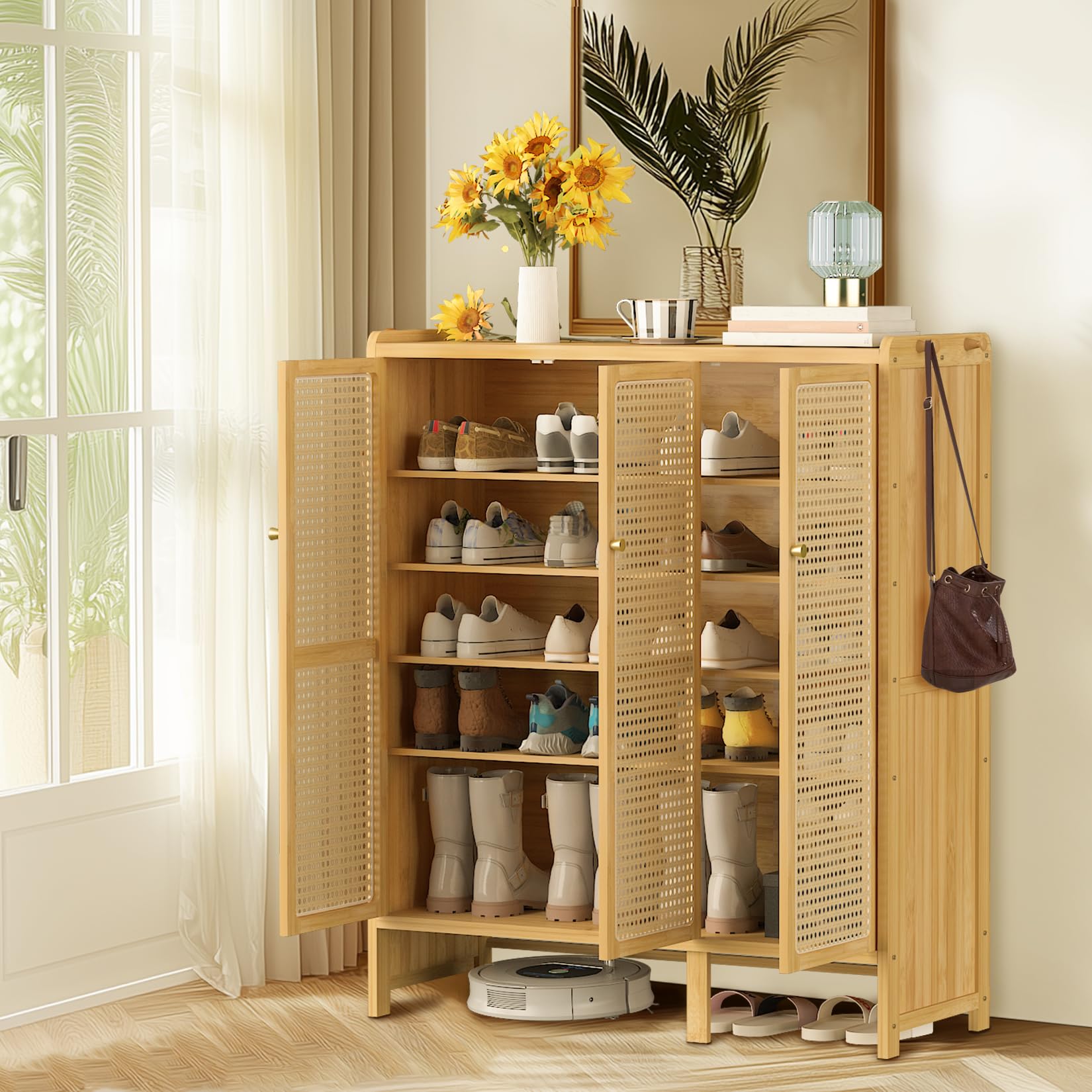 unho Bamboo Shoe Storage Cabinet: Wooden Shoes Rack Organiser with 3 Rattan Doors for Hallway Entryway 5 Tier — image 1