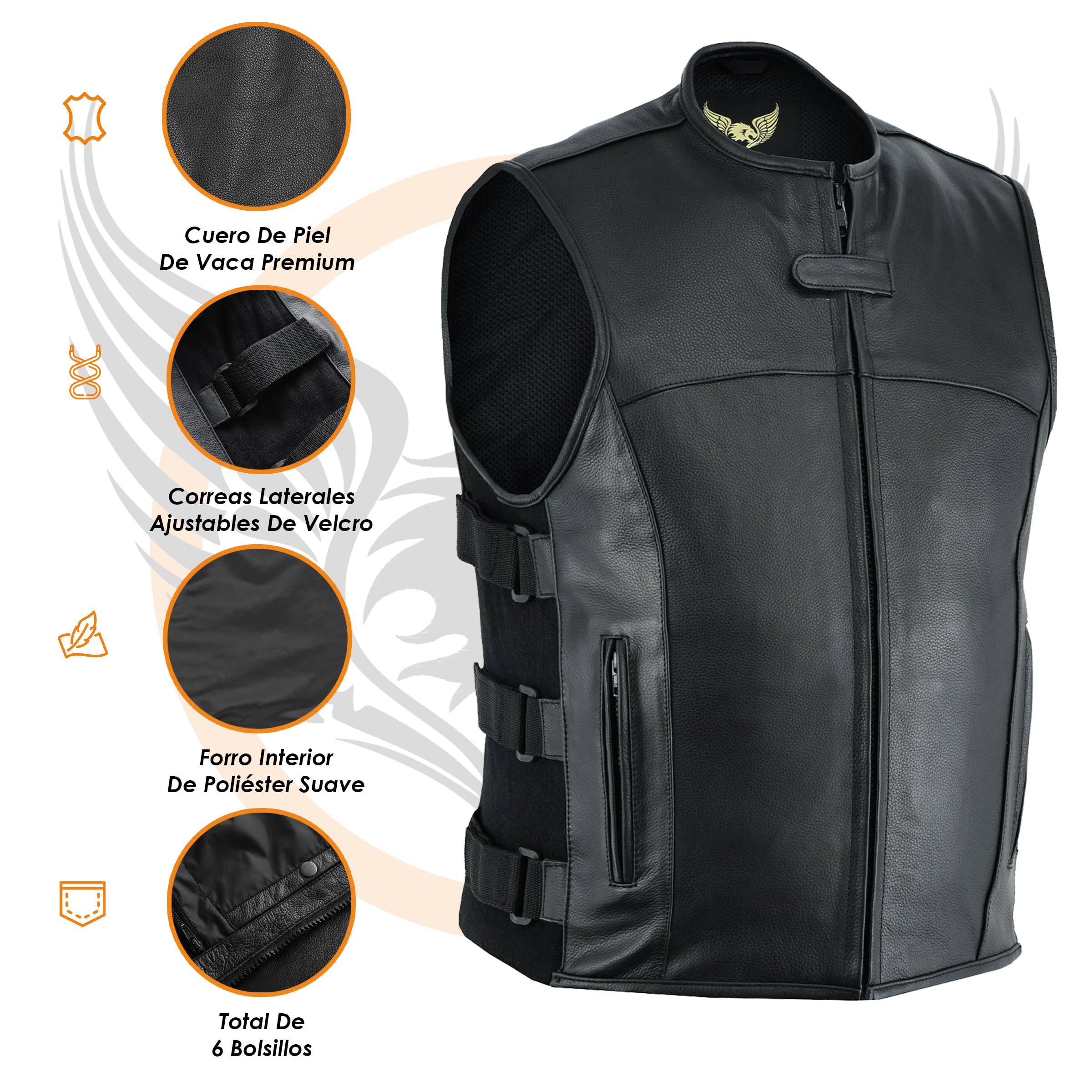 Leatherick Chaleco de motociclista de cuero táctico Warrior Style para hombre, muy elegante para andar en bicicleta, con bolsillos profundos