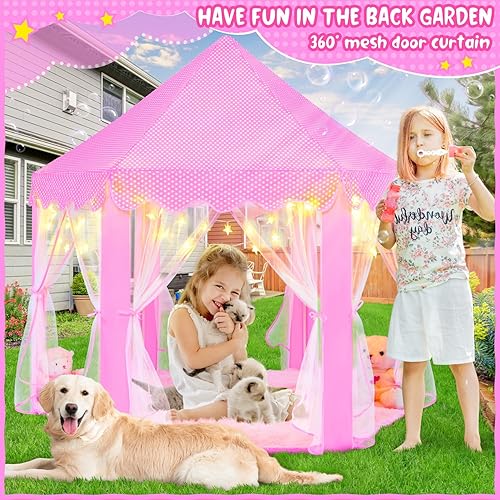 Miniatura 6 de KIXINWA Tienda de campaña de princesa para niñas, castillo para niños, tienda de campaña hexagonal de hadas con luces LED de estrellas pequeñas,