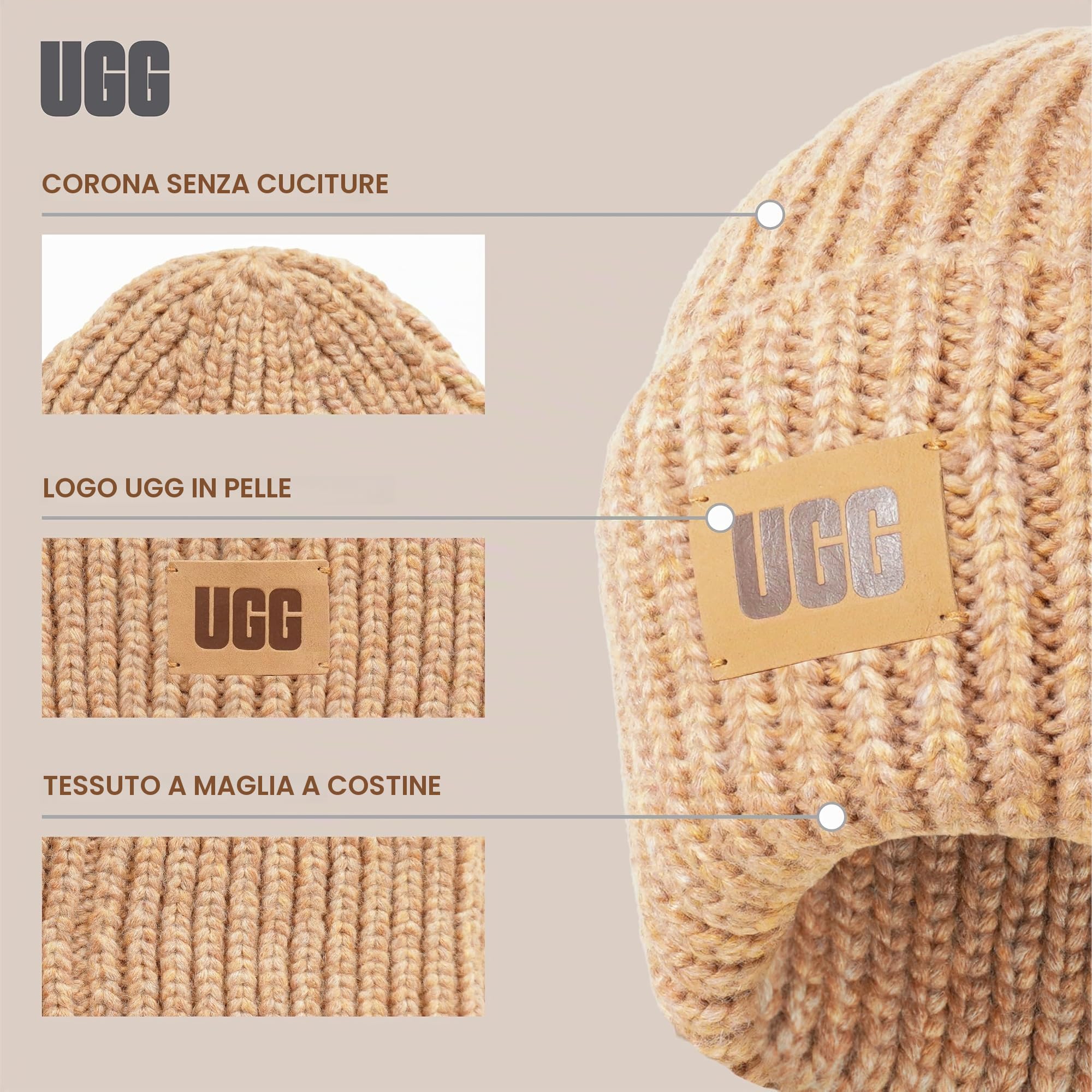 UGG Berretto a coste spesse per bambini con corona senza cuciture, morbido tessuto a costine e toppa con logo in pelle