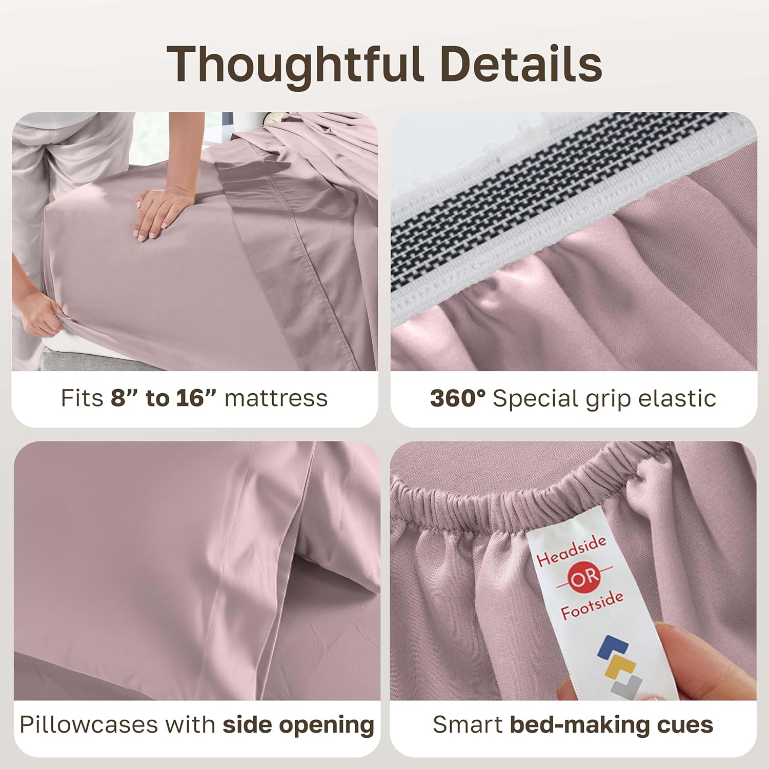 California Design Den Thick and Natural 100% Cotton King Size Sheets Set - 1000 Thread Count Sateen, Deep Pocket King Sheet Set, Durable Bedding - Sepia Rose - Image 4