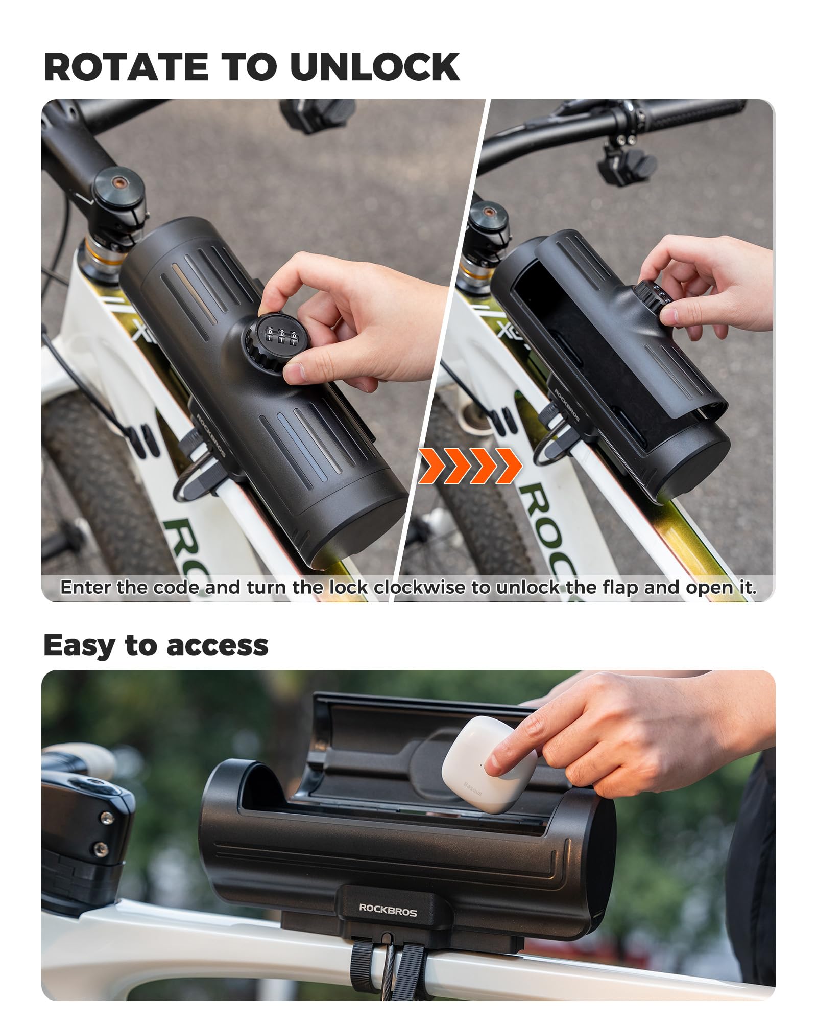 ROCKBROS Boîte de Cadre de Vélo 0,7L Étanche avec Cadenas à Code - Sacoche Rigide pour VTT, Route, Gravel & Ville - Noir
