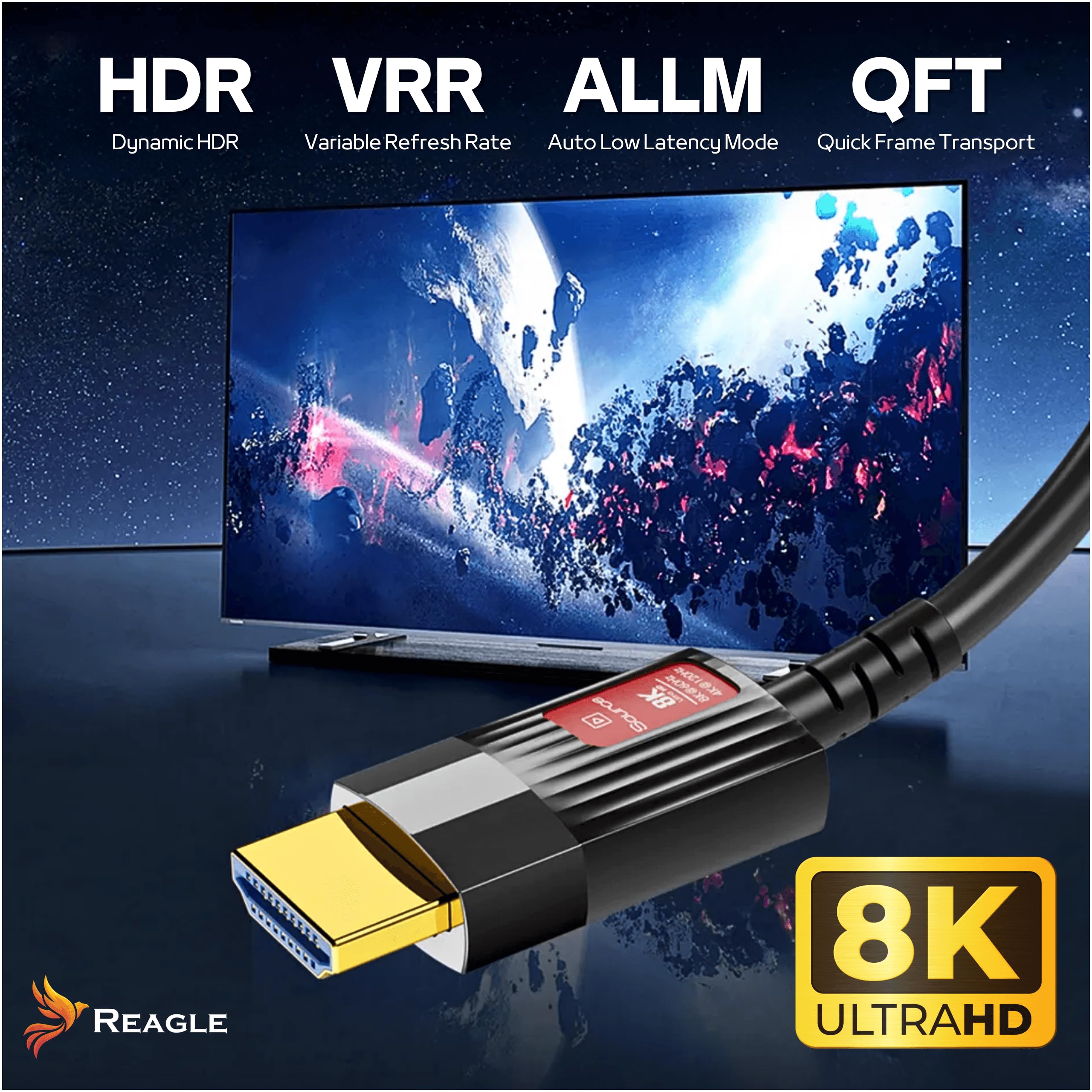 Reagle Cable óptico HDMI 2.1, 10 m, 48 Gbps, AOC 8K, 60 Hz, 4 K, 120 Hz, HDR 48 Gbit/s, DolbyVision Dolby Atmos, compatible con TV, consola, tarjetas gráficas RTX 30xx y RX 6xxx
