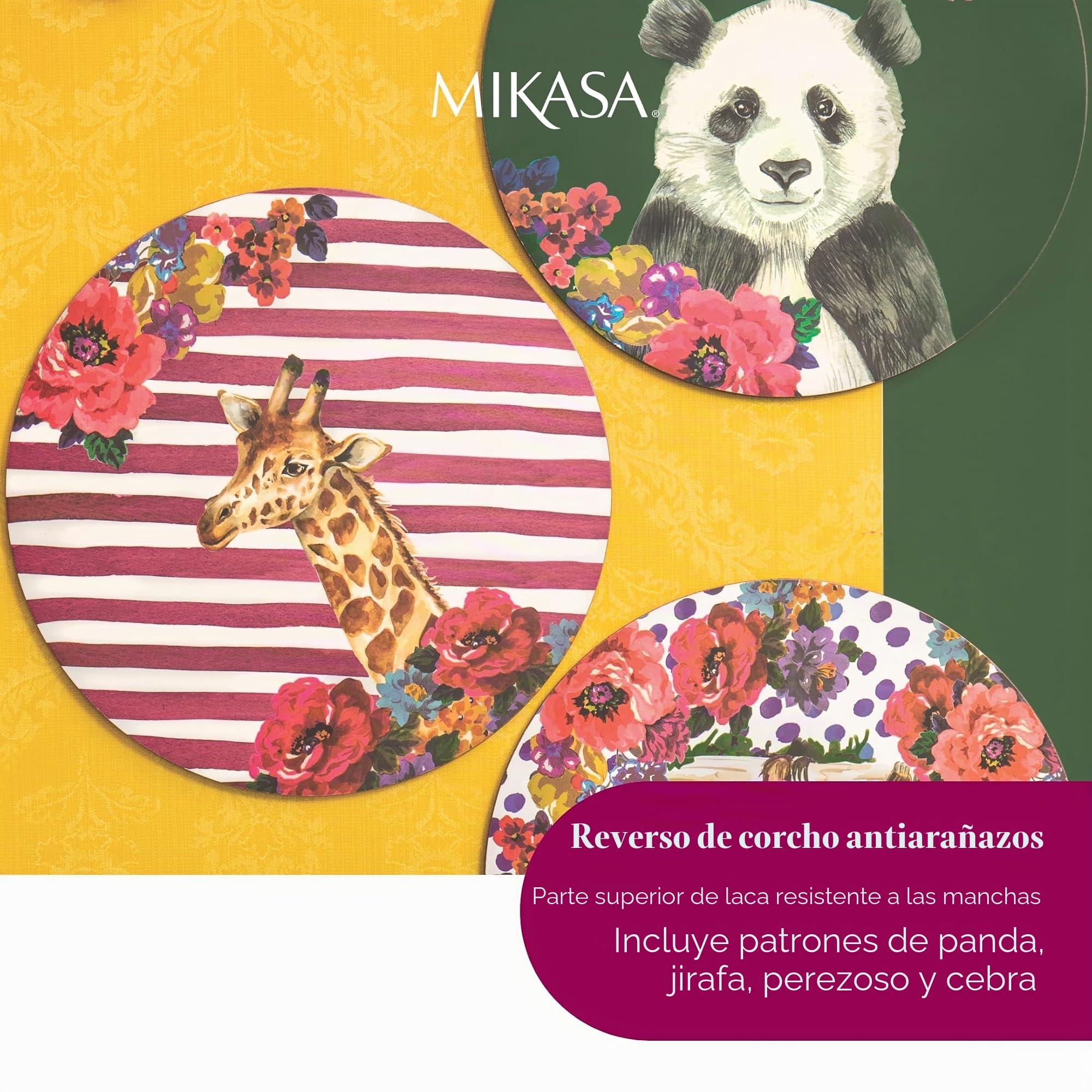 Mikasa Wild At Heart Salvamanteles Redondos de Corcho de 25cm, Juego de 4 Salvamanteles Resistentes Al Calor, Antideslizantes y Lavables con Estampados de Animales