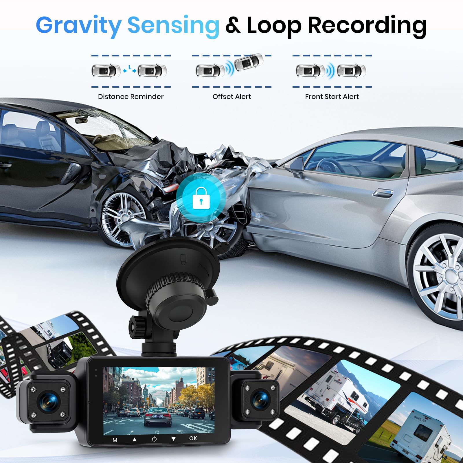 Hodozzy 1080P Dashcam Auto 360°, 4 Telecamere Anteriori e Posteriori, Visione Notturna IR, Schermo Tattile IPS 3", Registrazione in Ciclo, Sensore G, Visione Notturna, Assistenza alla Retromarcia