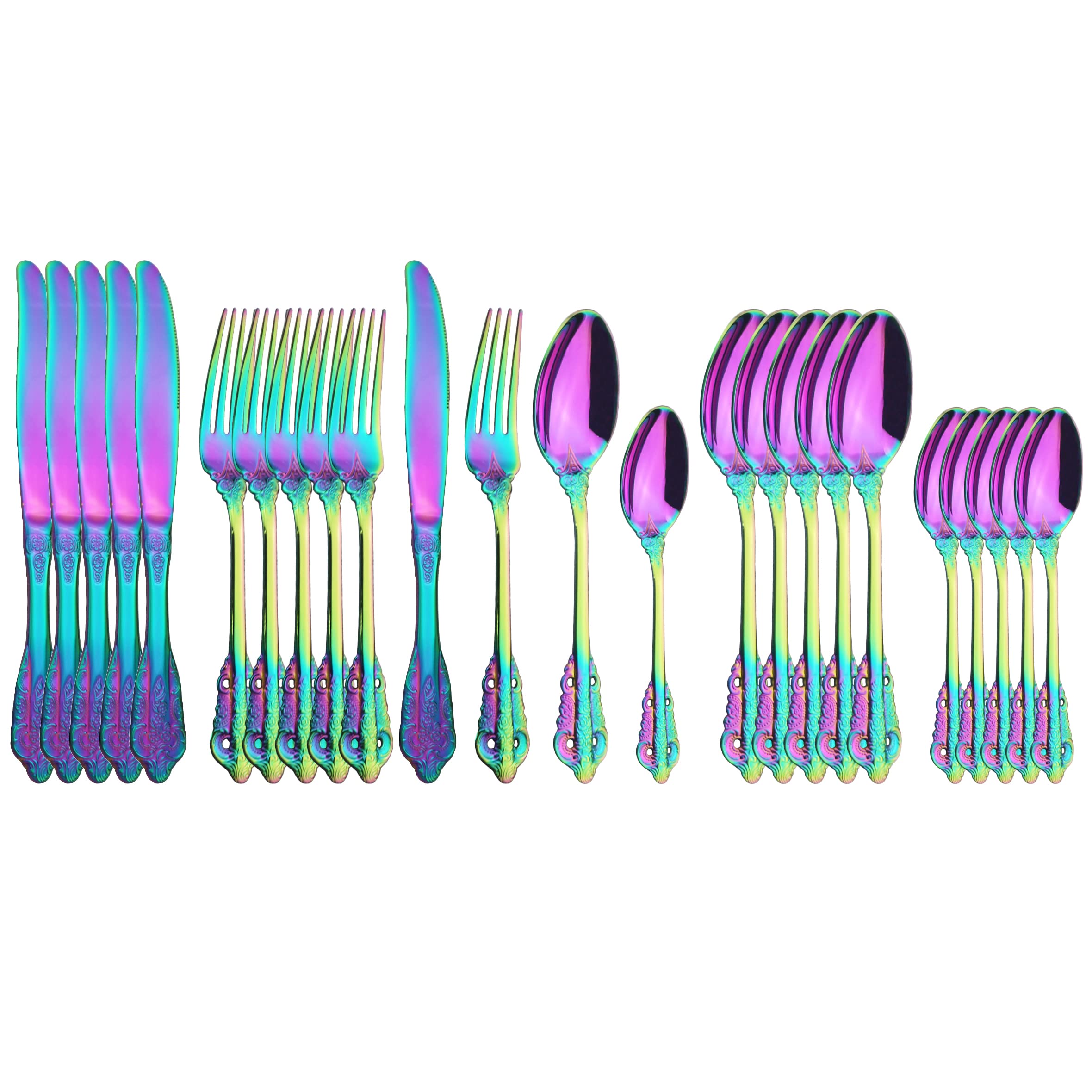 Set di posate in argento, set da 24 pezzi, in acciaio inossidabile 304, stoviglie, coltelli, forchette, cucchiai, cucina, for cena, oro(Rainbow)