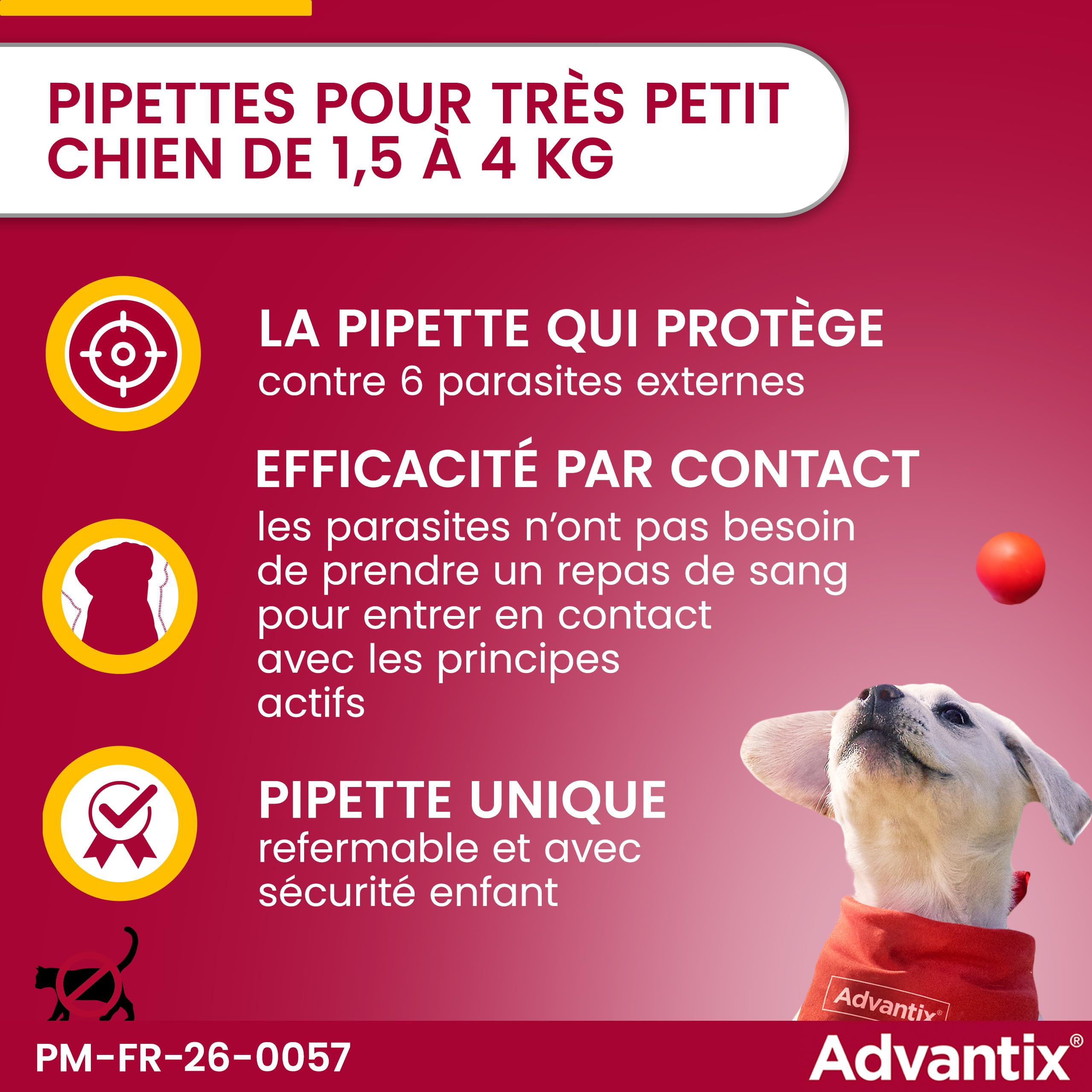 Advantix Très Petit Chien entre 1,5 et 4 kg – Pipettes pour chien contre 6 parasites – Traitement en pipette pour une protection en continu pendant 4 semaines – 6 x 0,4 ml