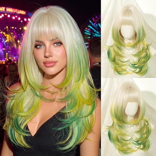 7JHH WIGS 24In Green Ombre Platinum Layered Tail Dye Medium Length Wig | Bangs,Synthetic,Heat Resistant Fiber,Women,Fashion,Edgy,Daily,Party,Cosplay,Christmas,Halloween - 24in Platinum Green Ombre