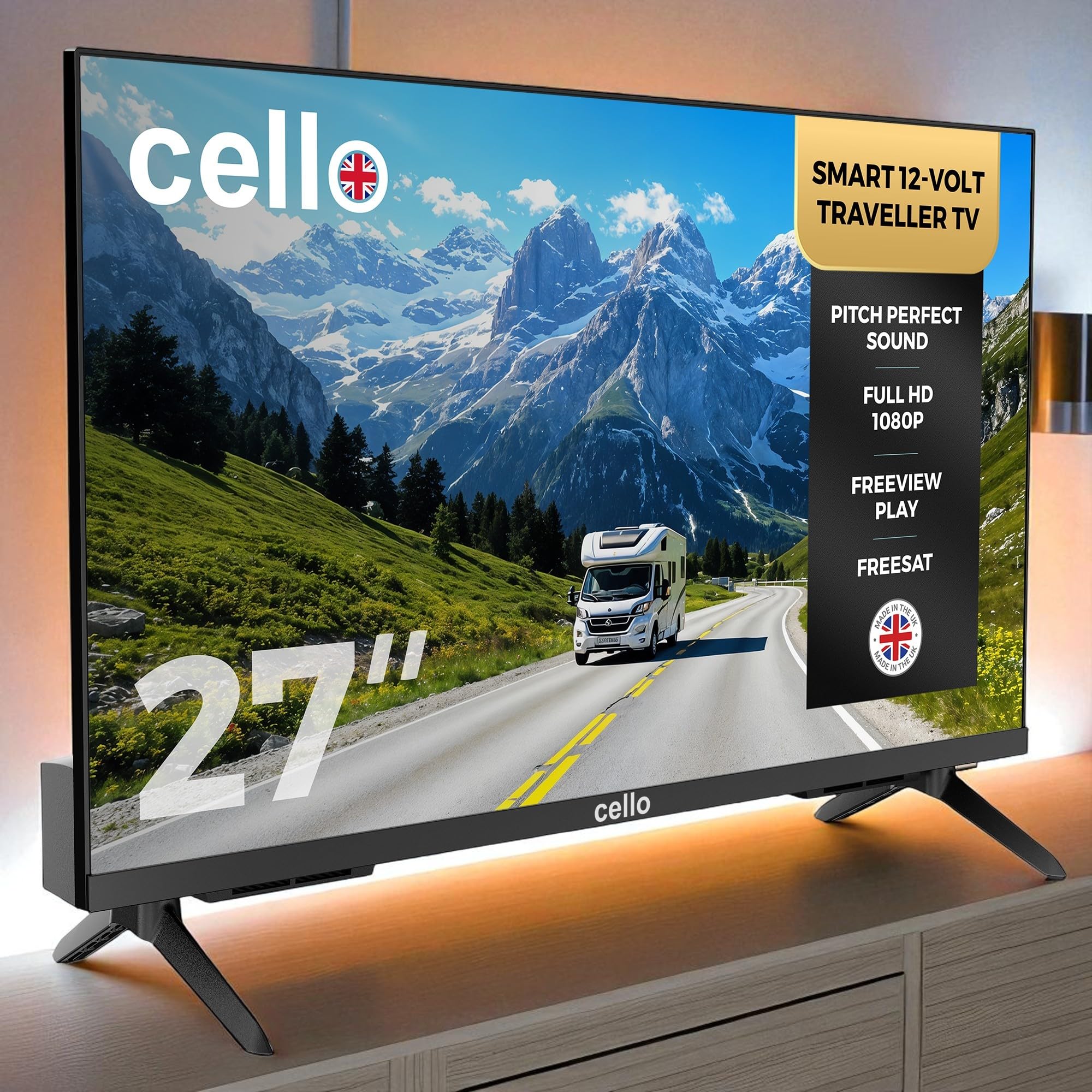 Cello C2725WS Trav 27 Zoll 12V Smart Traveller TV, 230V, WebOS, Freeview Play, Perfect Pitch Sound, ideal für Wohnwagen und Wohnmobile, hergestellt in Großbritannien