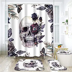 ArtSocket Halloween Bathroom Set with Shower Curtain and Rugs Accessories, Watercolor Painting of Skull Shower Curtain Set, Black Rose Flower Shower Curtain for Bathroom Vintage Bathroom Decor 4 Pcs