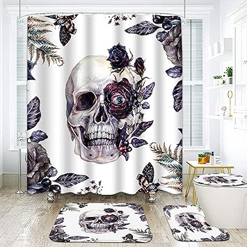 ArtSocket Halloween Bathroom Set with Shower Curtain and Rugs Accessories, Watercolor Painting of Skull Shower Curtain Set, Black Rose Flower Shower Curtain for Bathroom Vintage Bathroom Decor 4 Pcs