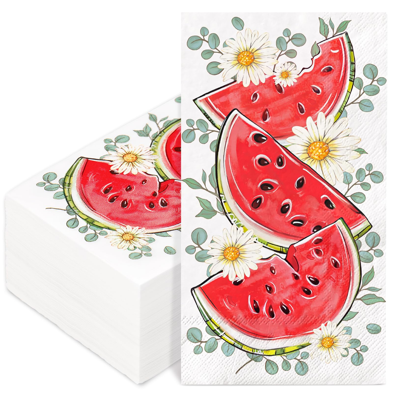 FYSUIMU 50Pcs Watermelon Paper Guest Napkin Spring Summer Fruit Daisy Flower Bathroom Napkin Floral Eucalyptus Disposable Hand Towel Napkins for Home