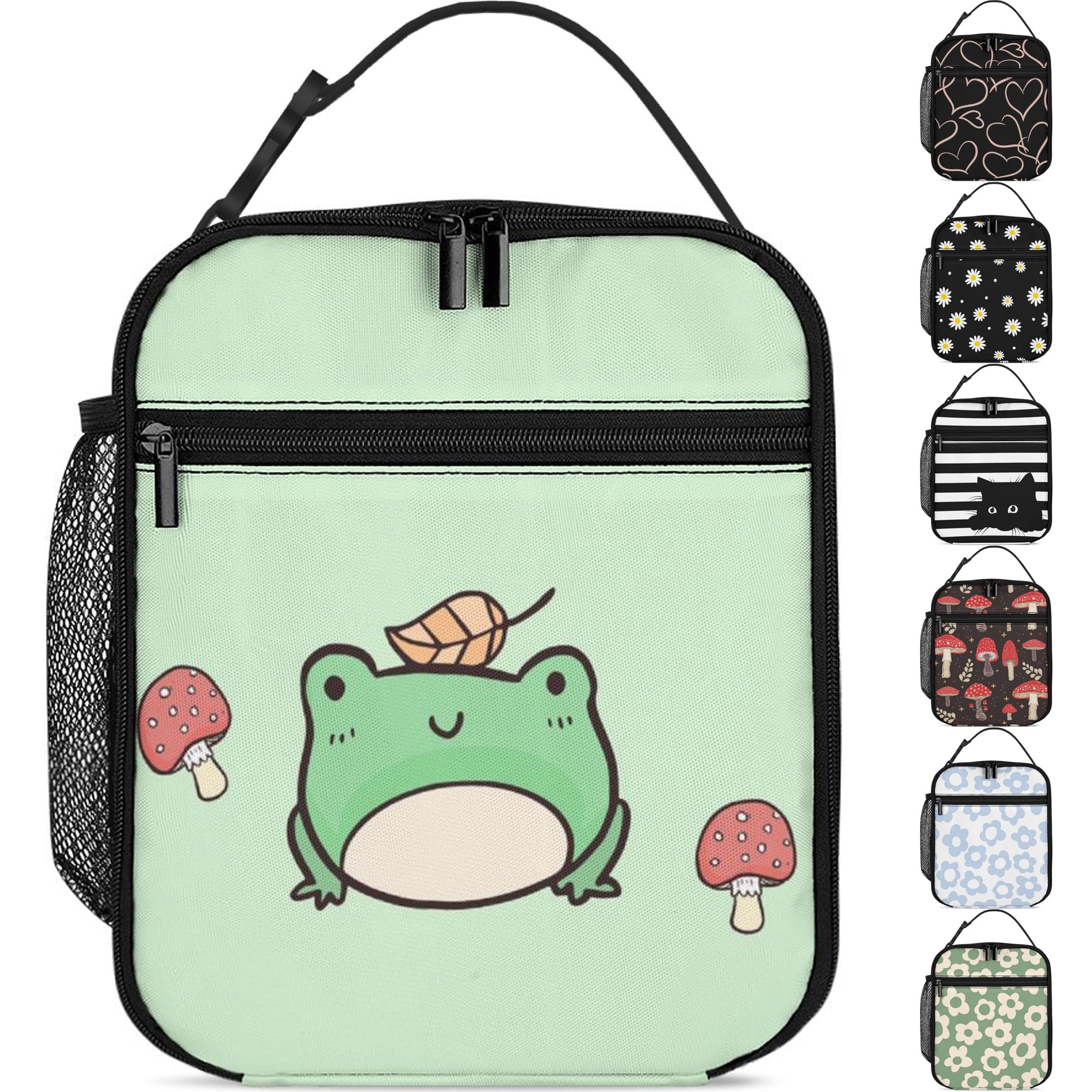 Frog and Mushroom Lunch Box Girls Boys Insulated Lunch Bag Reusable Lunchbox with Side Pocket, Cute Lunch Box for Girls Boys, Waterproof Lunch Tote