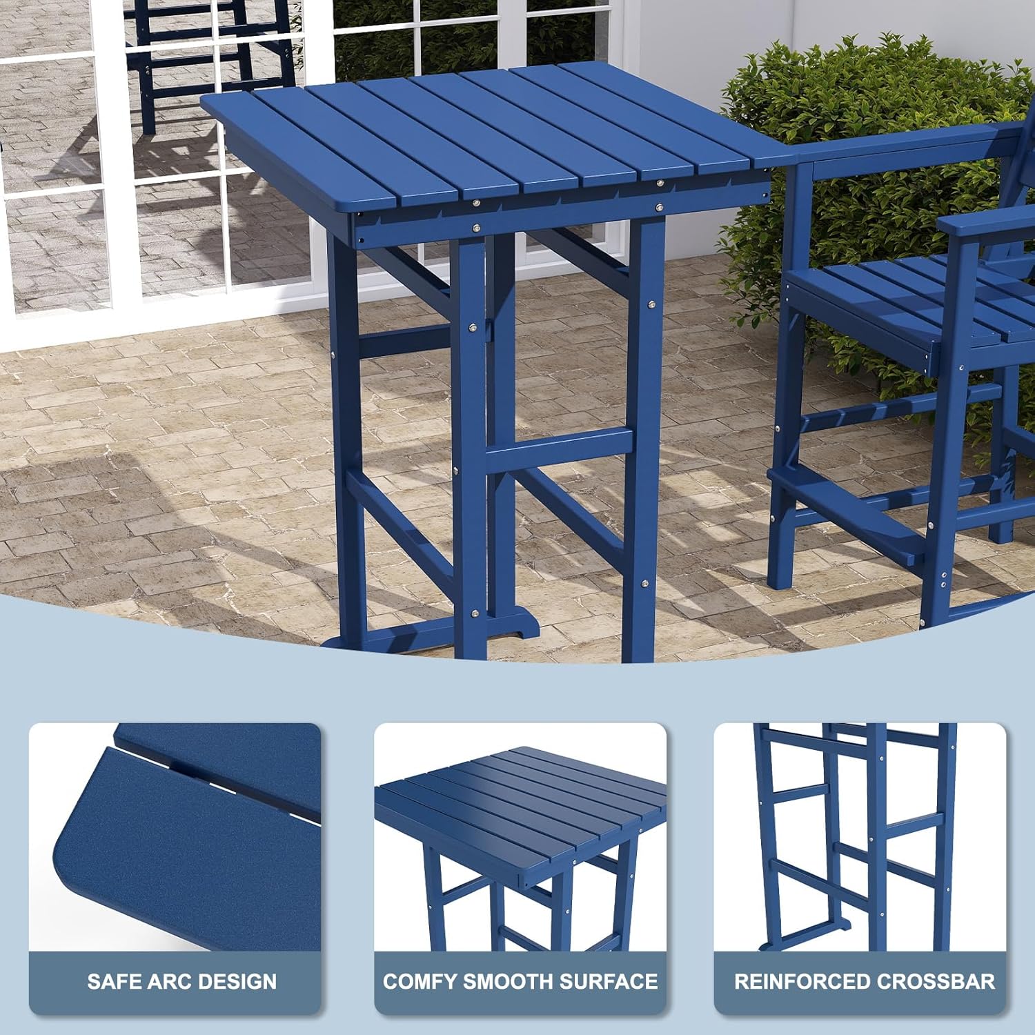 NAVINE 3-Piece Adirondack Bar Table and Chair Set, HDPE All-Weather Bar Height Chairs Set of 2 with Bar Table, Outdoor High Top Patio Bar Set for Bistro, Balcony, Patio, Poolside, Navy Blue