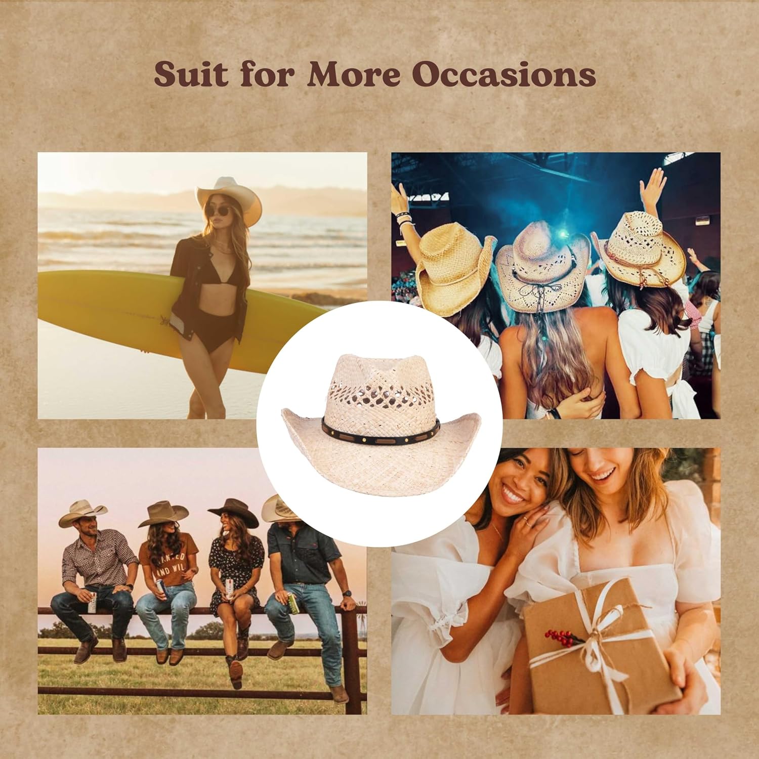 MIX BROWN Straw Cowboy Hats Cowgirl Hat Western Cowboy Hat Rancher Hat for Men Women, Exquisite Decoration Band