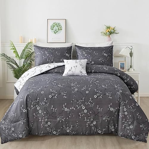 Juego de edredón morado tamaño Queen, juego de ropa de cama botánica de 4 piezas con estampado de plantas y flores con 3 fundas de almohada para