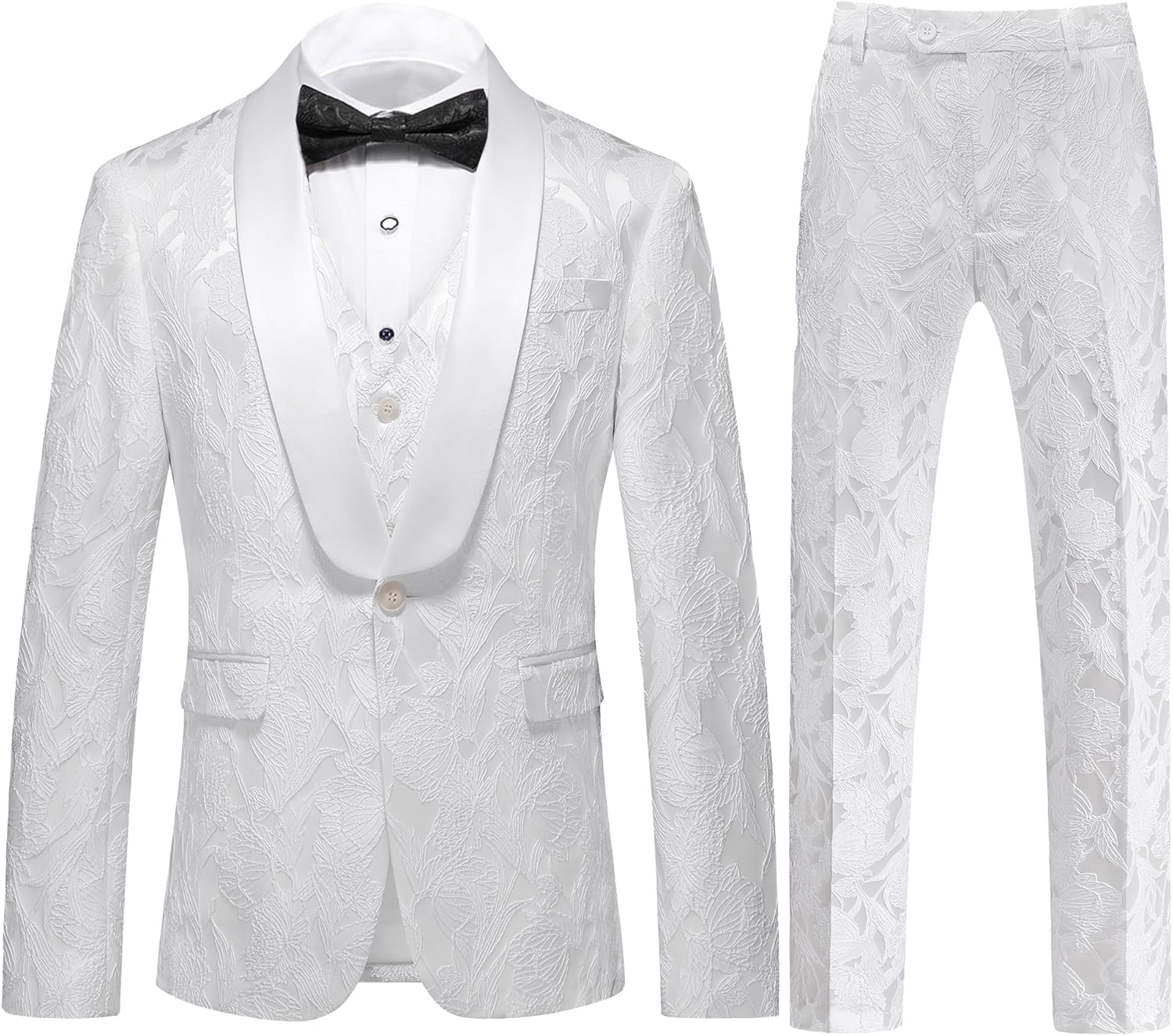 UNINUKOO Mens Suits 3 Piece 1 Button Prom Floral Wedding Shawl Lapel Casual Tuxedo Suit Set