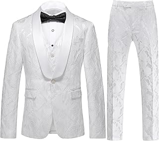 UNINUKOO Mens Suits 3 Piece 1 Button Prom Floral Wedding Shawl Lapel Casual Tuxedo Suit Set