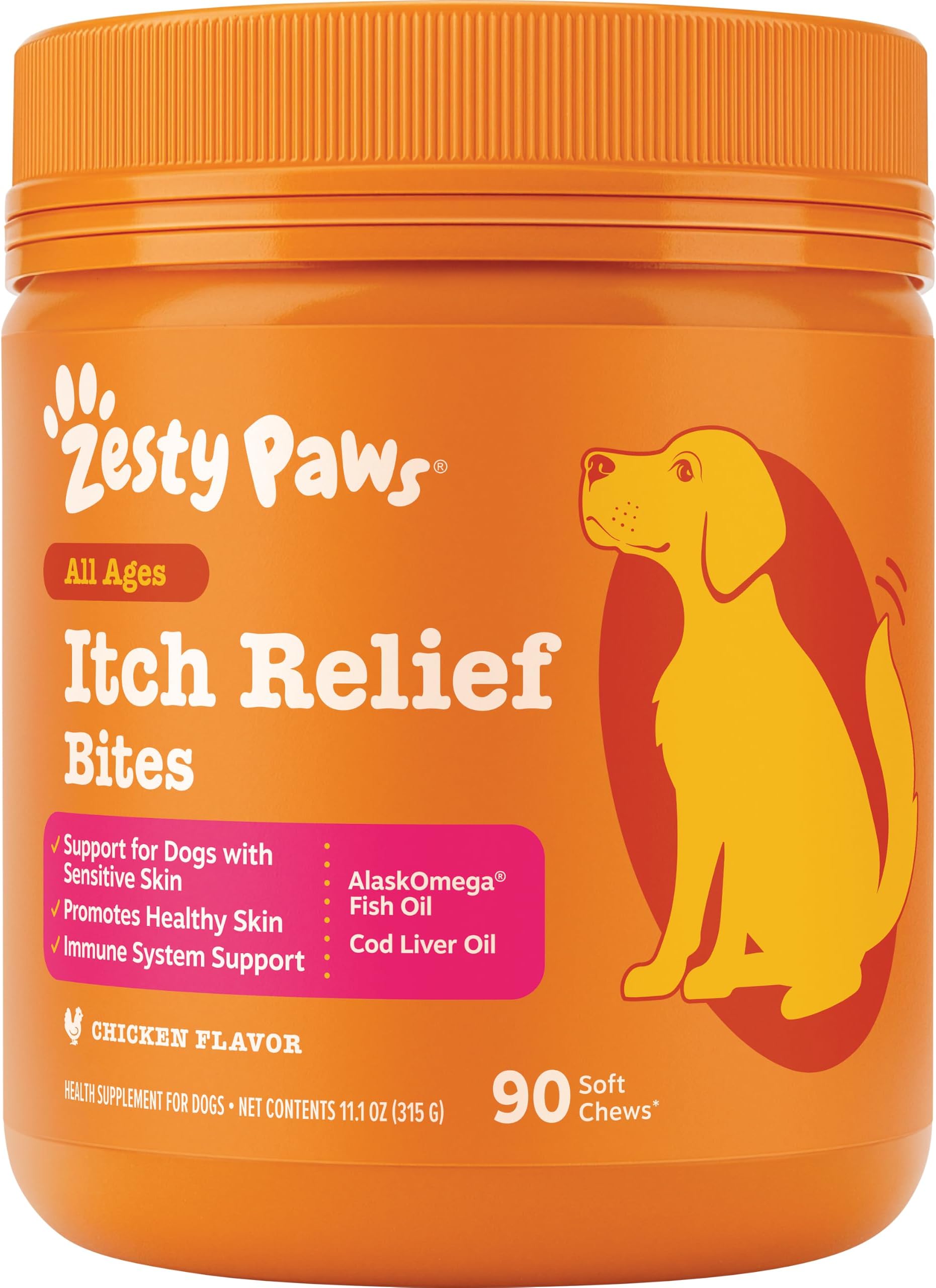 Itch Relief for Dogs - for Itching Skin & Coat Health - Omega-3 Fish Oil with EPA & DHA - Dog Bites Supplement with Vitamin C & E for Antioxidant Support - Chicken Flavor - 90 Count