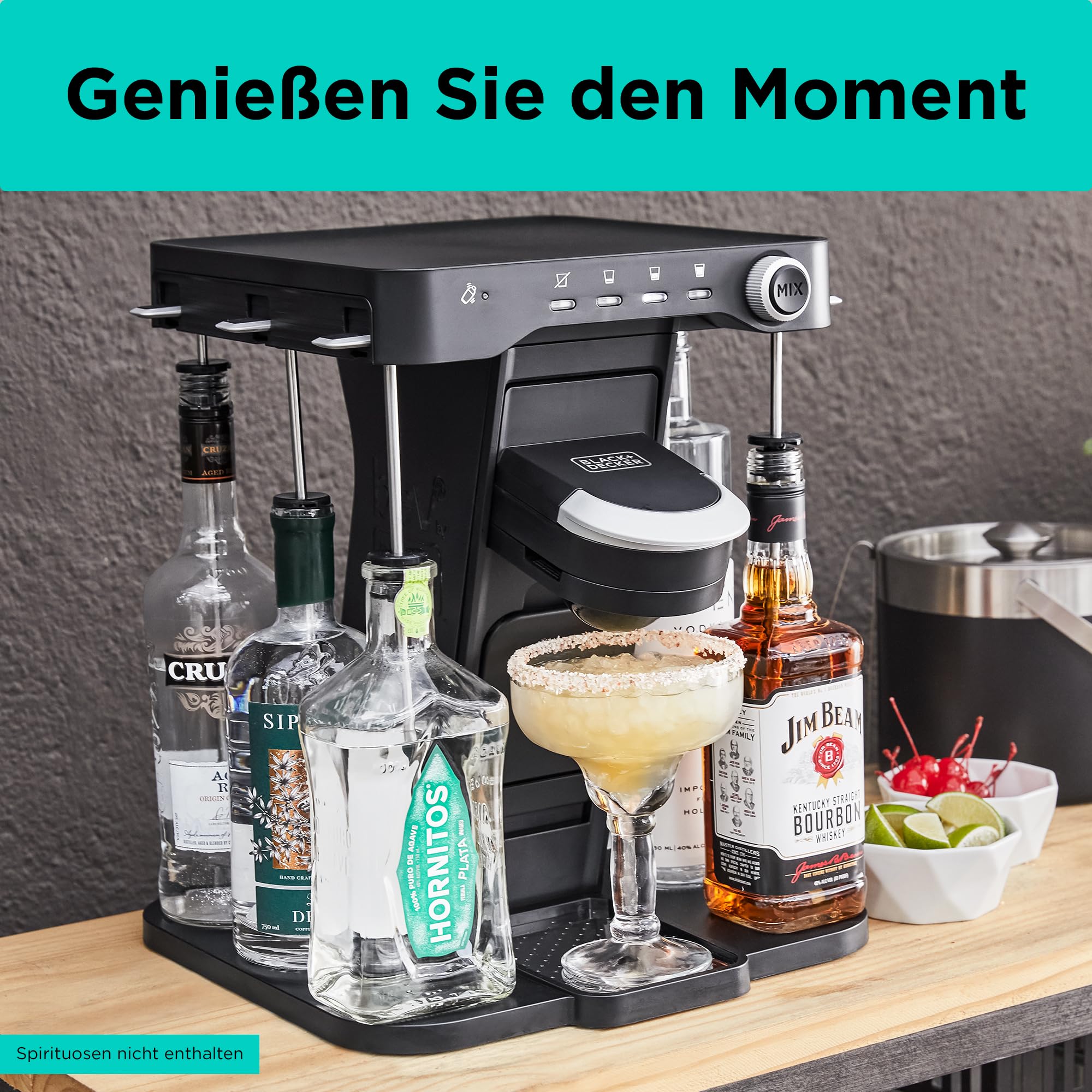 BLACK+DECKER BEV Cocktail-Maschine (individuelle Cocktails auf Knopfdruck, Platz für 5 Spirituosen, Getränkestärke einstellbar, mit Reinigungsmodus & LED Beleuchtung im Party-Modus) BEHB101