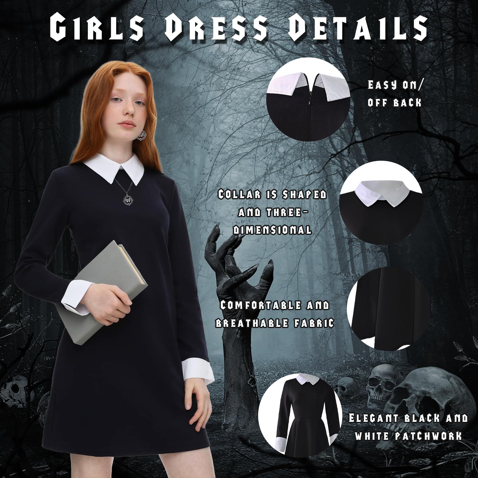 Kitimi Wednesday Costume Women Black Dress Girls Costume Family with Hand Knee Socks for Carnival Halloween Cosplay Party - Image 2