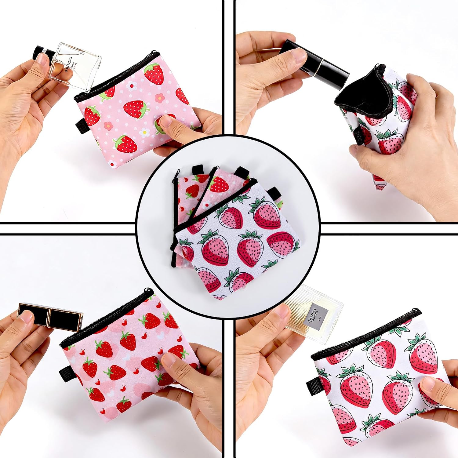 Strawberry Cute Coin Purse,Pink Small Money Pouch Wallet,Zip Canvas Travel Cosmetic Bags Pink Strawberry Gifts for Women,3 PCS