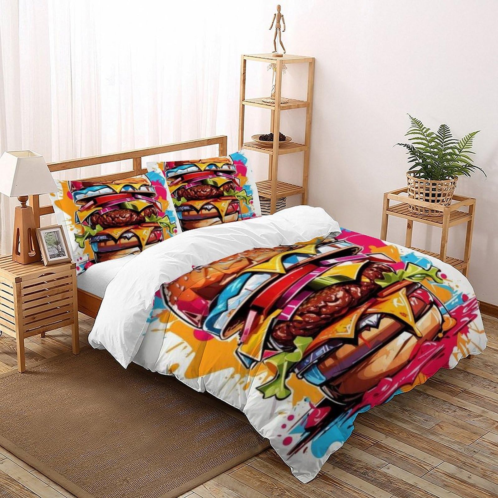 Housse de couette 220x240 nourriture imprimé 3D hamburger et taies d'oreiller