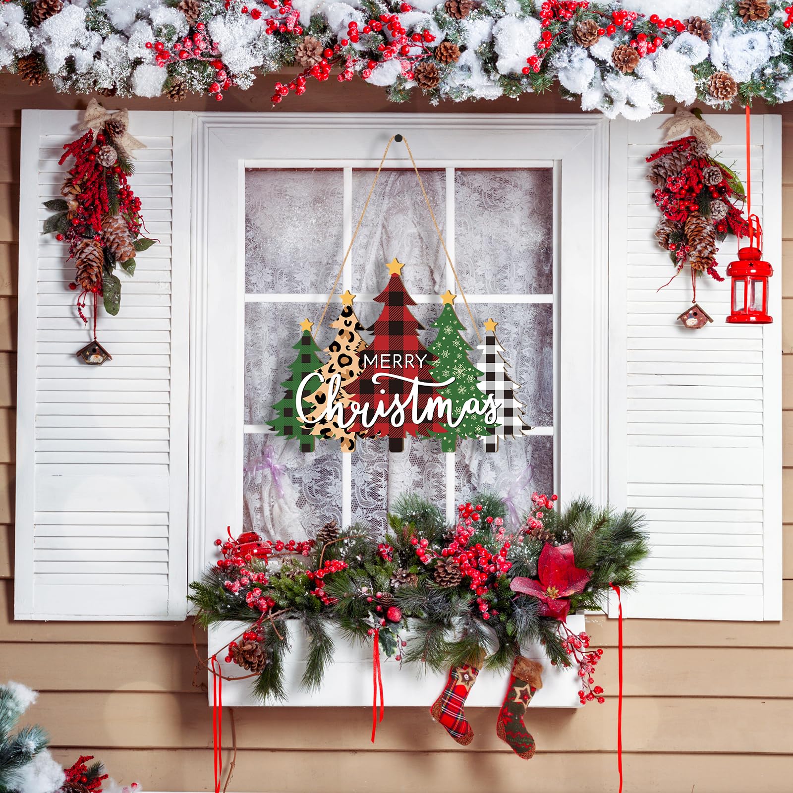 Sophena Decoración navideña de madera para el hogar, pancarta de feliz Navidad, telón de fondo para puerta delantera, decoración de coronas de Navidad, decoración de puerta y pared