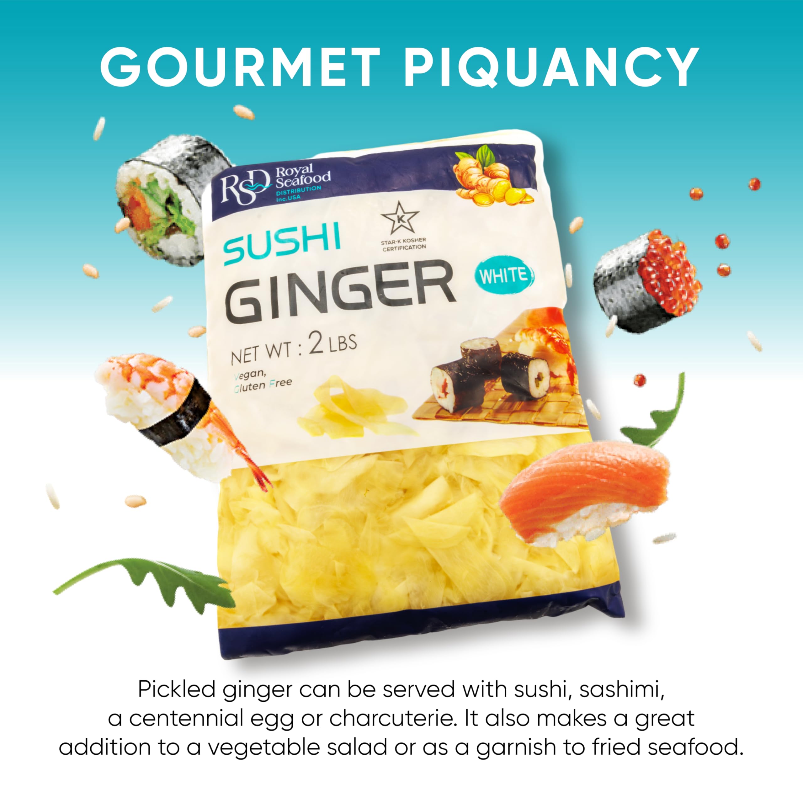 RSD Premium Pickled Sushi Ginger - 2 lb White Gari - Japanese Pickled Ginger for Sushi - Vegan, Kosher, Gluten Free - Sushi Ingredients and Toppings - Organic, Sugar-Free Ginger Slices for Asian Food