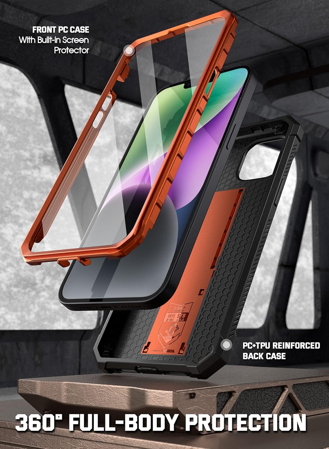 Poetic Compatible with iPhone 14 Case, Spartan Phone Case for iPhone 14 with Screen Protector, Full Body Rugged Premium Leather Texture Shockproof Protective Cover with Kickstand, Metallic Orange