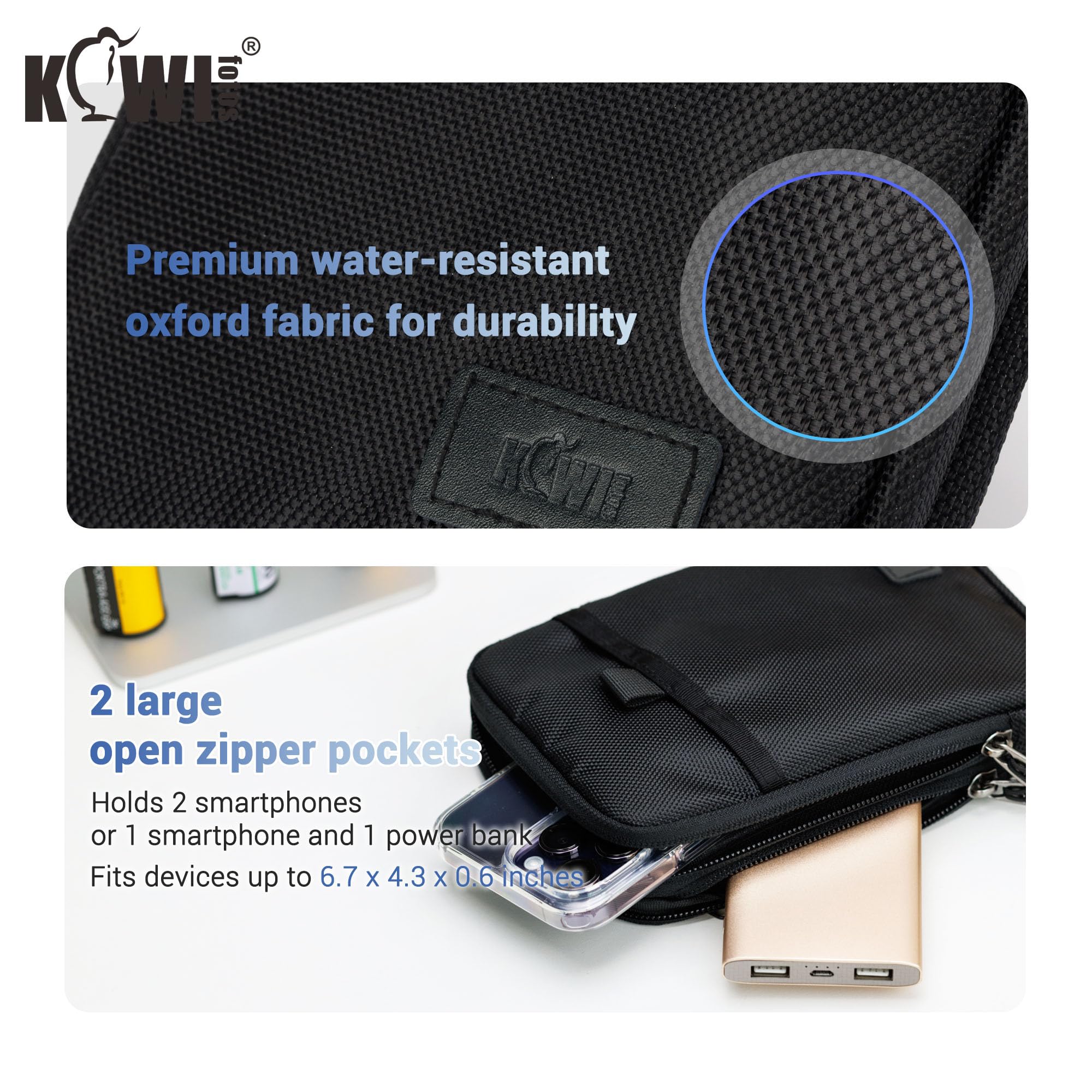 KIWIFOTOS Triple teléfono Pasaporte de Viaje Bolsa de Cuello con Correa de Hombro y mosquetón multifunción para Smartphone, Tarjeta, Gran Accesorio de Viaje (Negro)