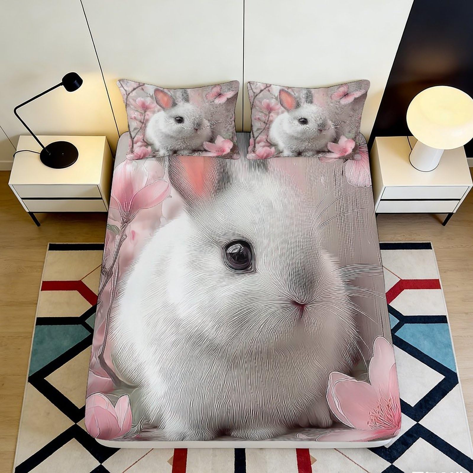 Jqzkxnhpbr Style-4 3D Printed White Bunny Fitted Sheet Microfiber Soft Pink Petal Bed Sheet For Bedroom Guest Room Mattress Cover Decor 90X200x25cm
