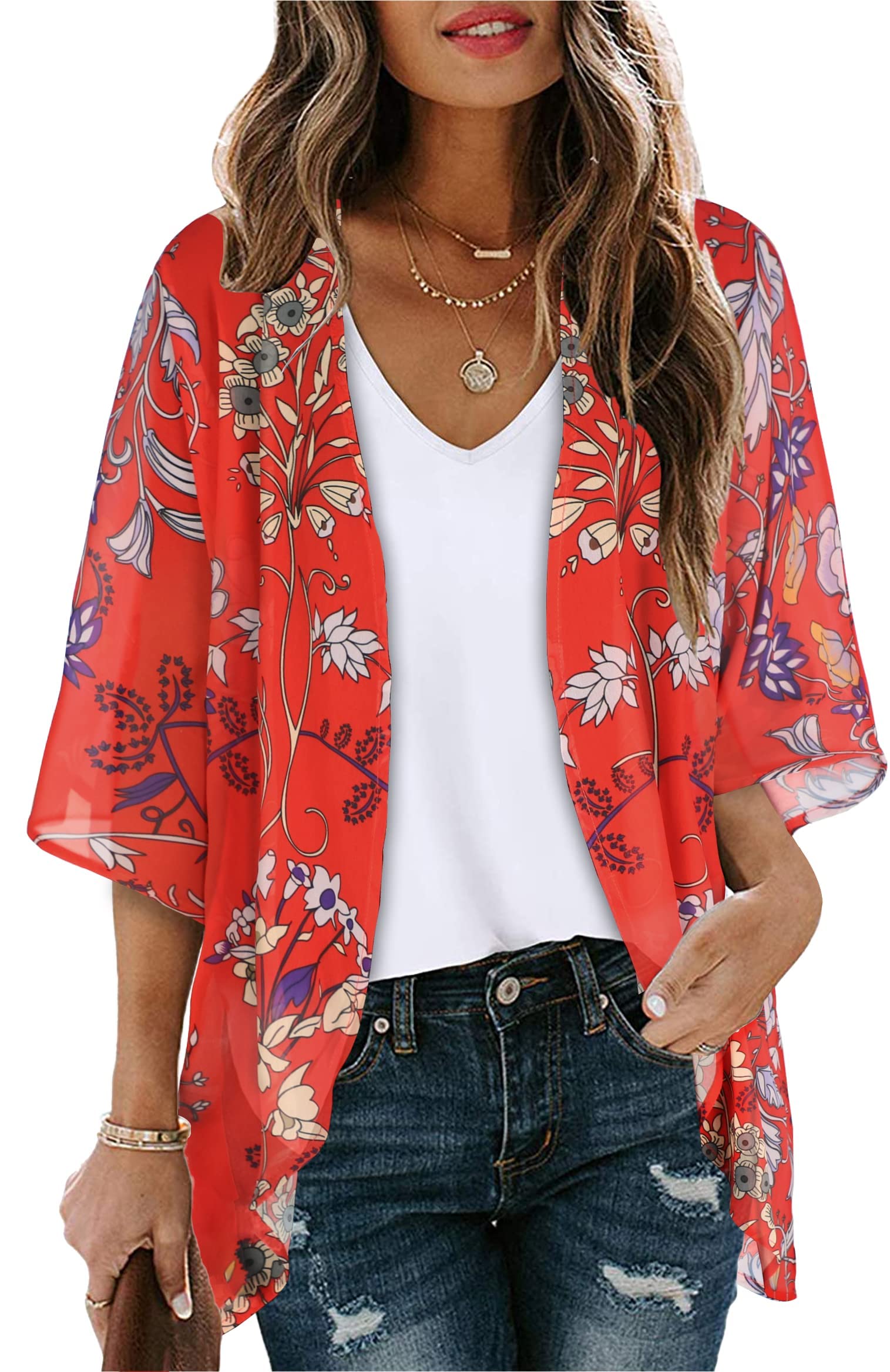 Gosunny Damen Sommer Tops Strand Kimono Boho Bikini Cover Up Oversized Blumendruck Strickjacke