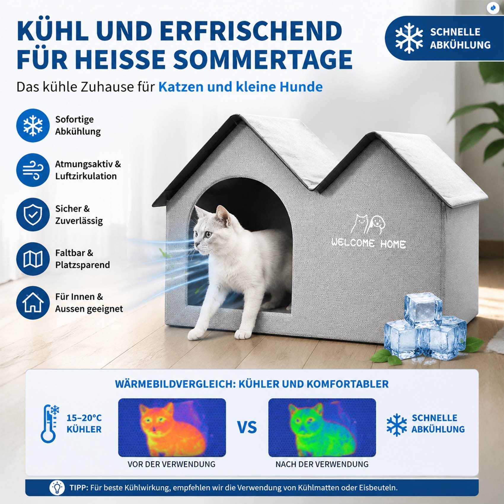 Katzen KüHlhaus, KüHlhaus für Katzen mit 10 KüHlakkus, BelüFtet, Leicht zu Reinigen, Stabil & Tragbar, FüR Innen, AußEn, Balkon, Terrasse, Camping, Auch für Kleine Hunde Geeignet (Kuppel,Groß)