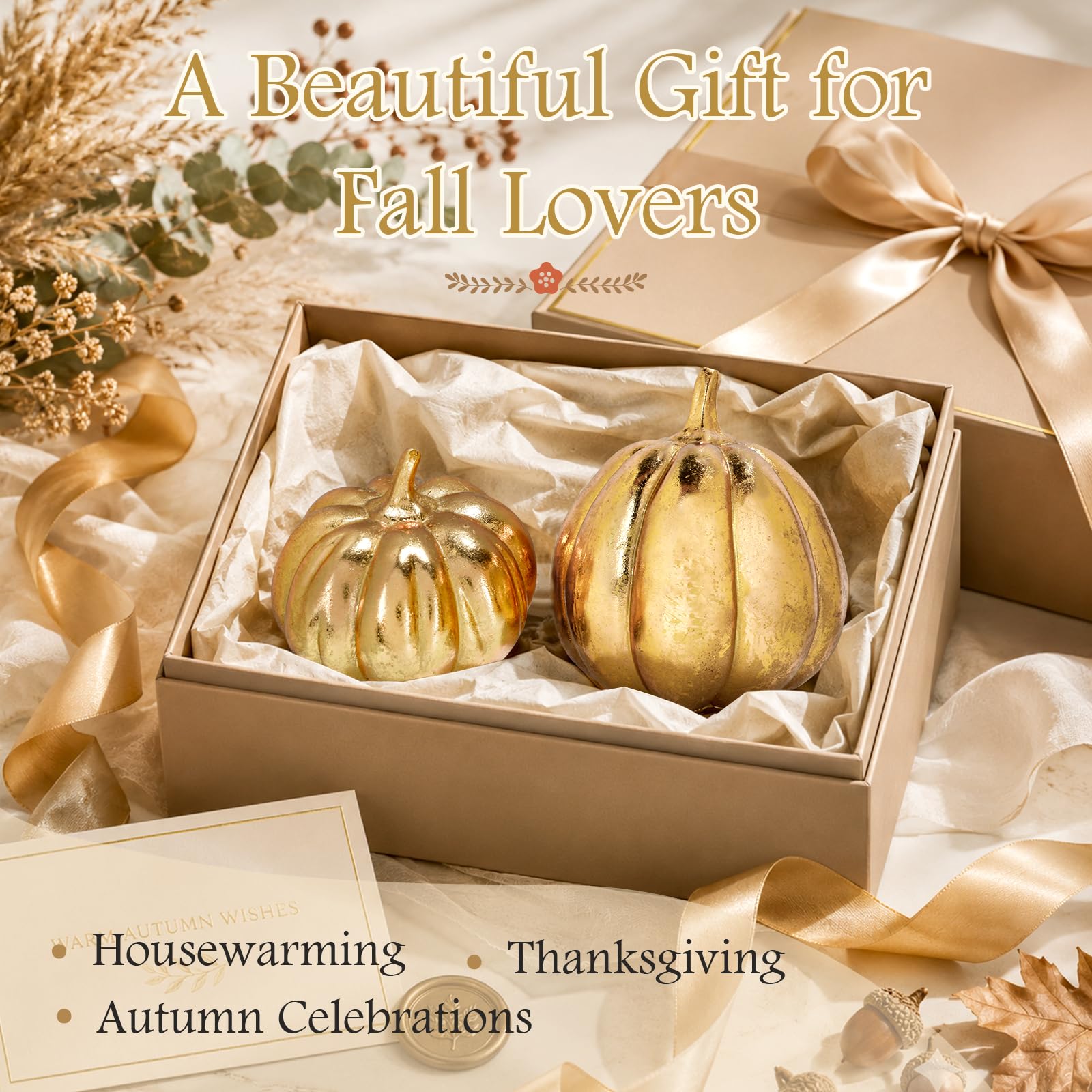 Set di 2 decorazioni autunnali in resina a forma di zucca dorata | Farmhouse Thanksgiving Centrotavola oro metallizzato raccolto zucche per interni ed esterni giardino a più livelli mensola