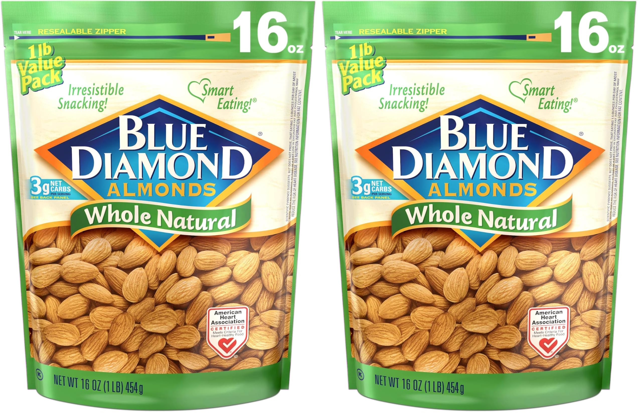 Blue Diamond Almonds, Raw Whole Natural, 16 Ounce (Pack of 2)