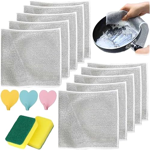 Non Scratch Wire Dishcloth, 3/5/10Pcs Wire Dishwashing Rag, Multipurpose Wire Dishwashing Rags for Wet and Dry, Multifunctional Non-Scratch Wire Dishcloth (3pcs+3pcs Self Adhesive Hook)
