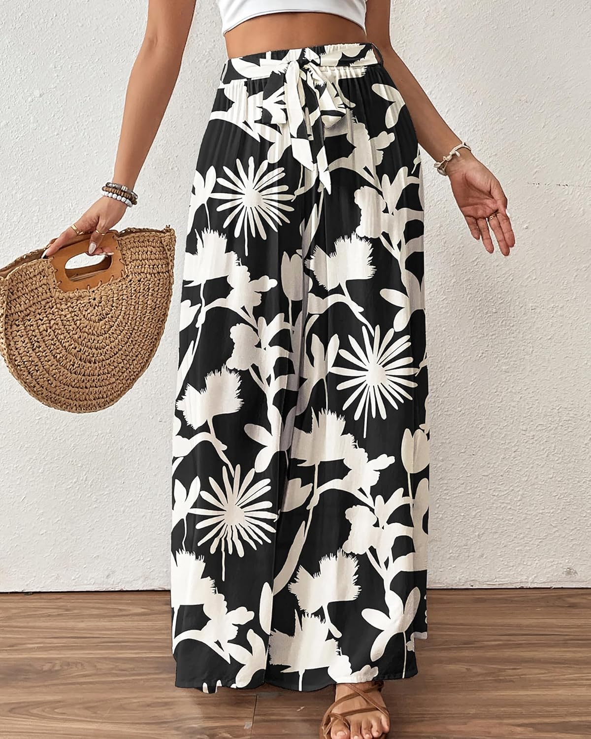 Bsubseach Wide Leg Pants Woman Flowy Floral Palazzo Pants for Women High Waisted Summer Casual Trousers Cruise Outfits - Image 2