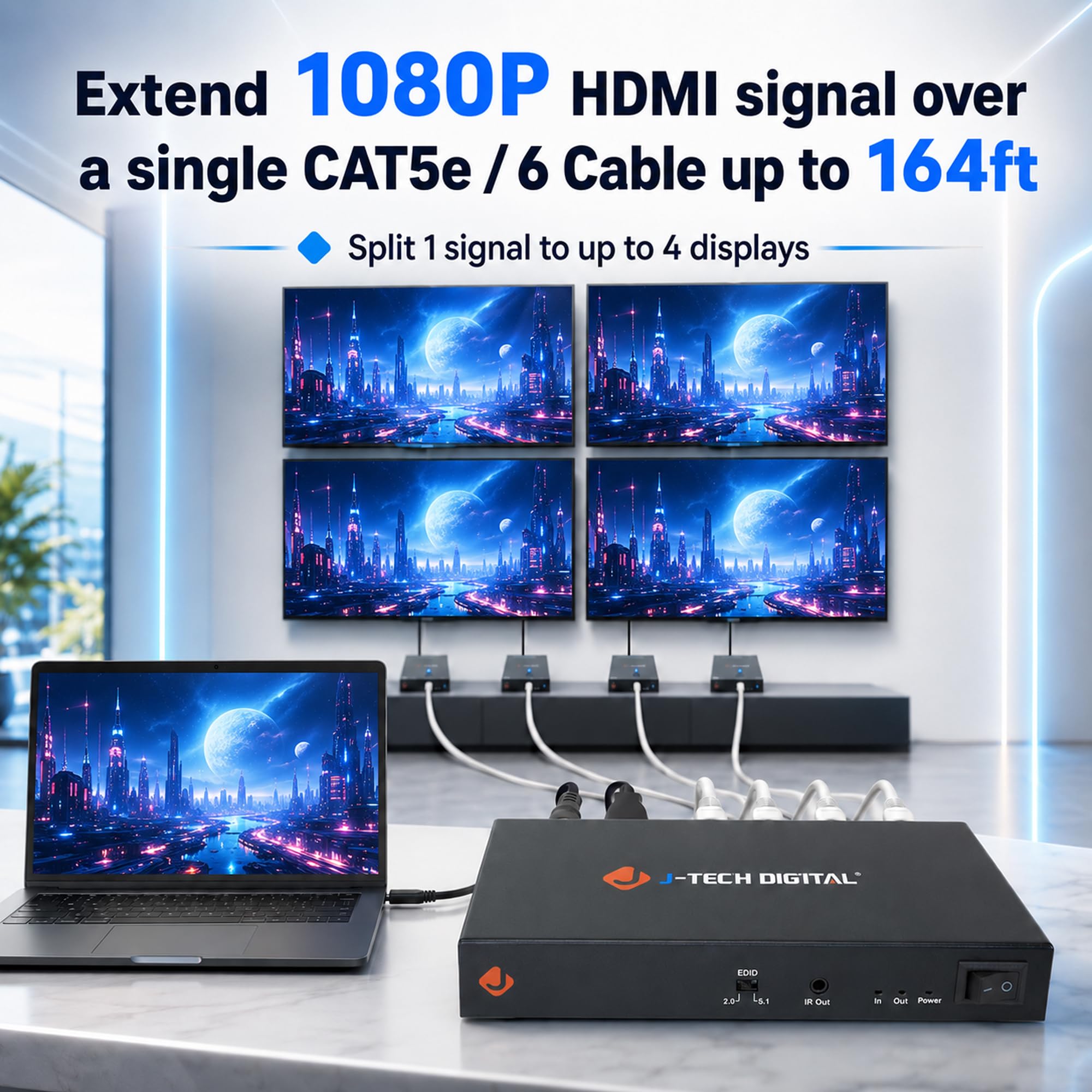 J-Tech Digital ProAV 1 x 8 HDMI Extender HDMI, amplificatore HDMI e splitter per cavo Ethernet Con BI-direzione IR e funzioni EDID, 1x4, 1